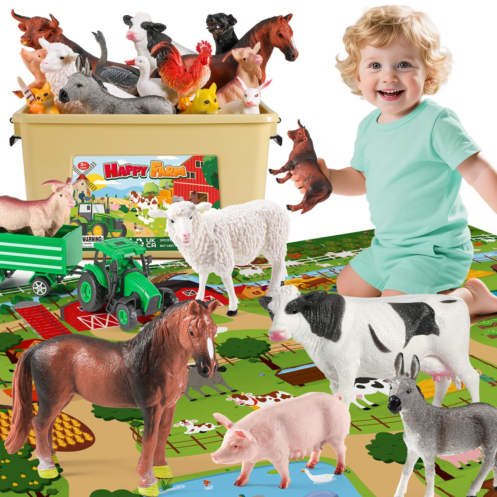 FRUSE Animali Giocattolo per Bambini con 120x80 cm Tappeto, 38 Pezzi Fattoria Animali Bambini con Fattoria Animali Figure,Trattore Giocattolo e Recinti, Giochi Educativo per Bambini 3 4 5 6 anni