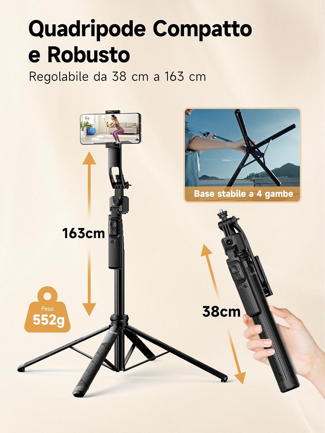 Rollei Auto Tracking Tripod - Treppiede Selfie Stick 163cm - immagine 7