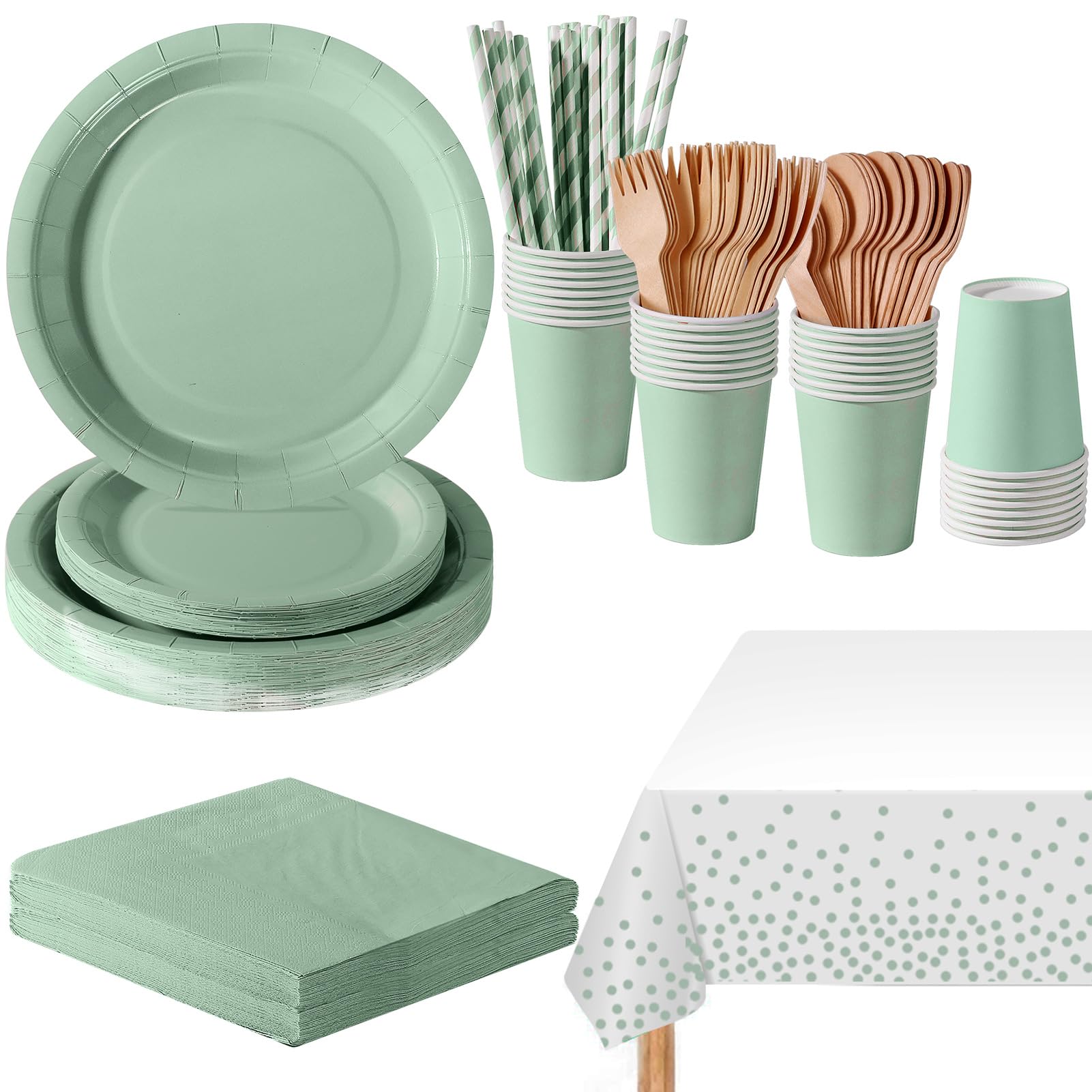 Stoviglie per Feste 169 Pezzi Verde Salvia - 24 Ospiti