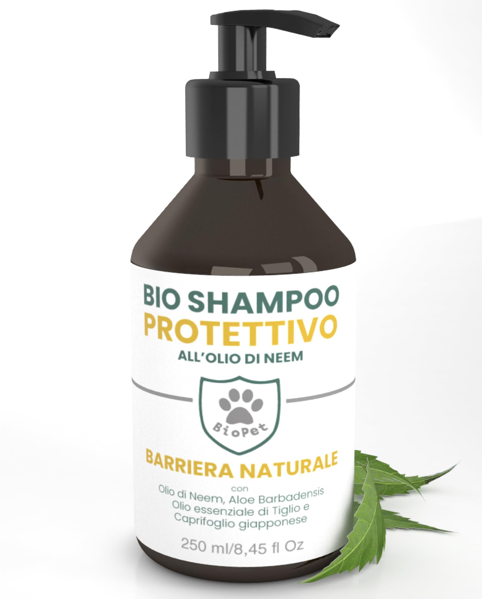 Bio Pet Shampoo Protettivo Olio di Neem Antiparassitario per Cani e Gatti Effetto Barriera Repellente Naturale con Aloe Tiglio Caprifoglio Delicato Ipoallergenico Tutte le Taglie - Flacone da 250ml