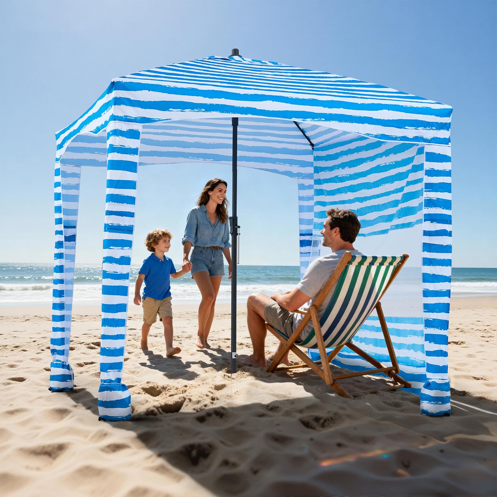 VEVOR Tenda da Spiaggia da 1830 x 1830 x 2290 mm, con Parete Laterale e Tasche per la Sabbia, Ombrellone Parasole Portatile Regolabile in Altezza per Famiglia e Amici, Blu Chiaro Striature Bianche