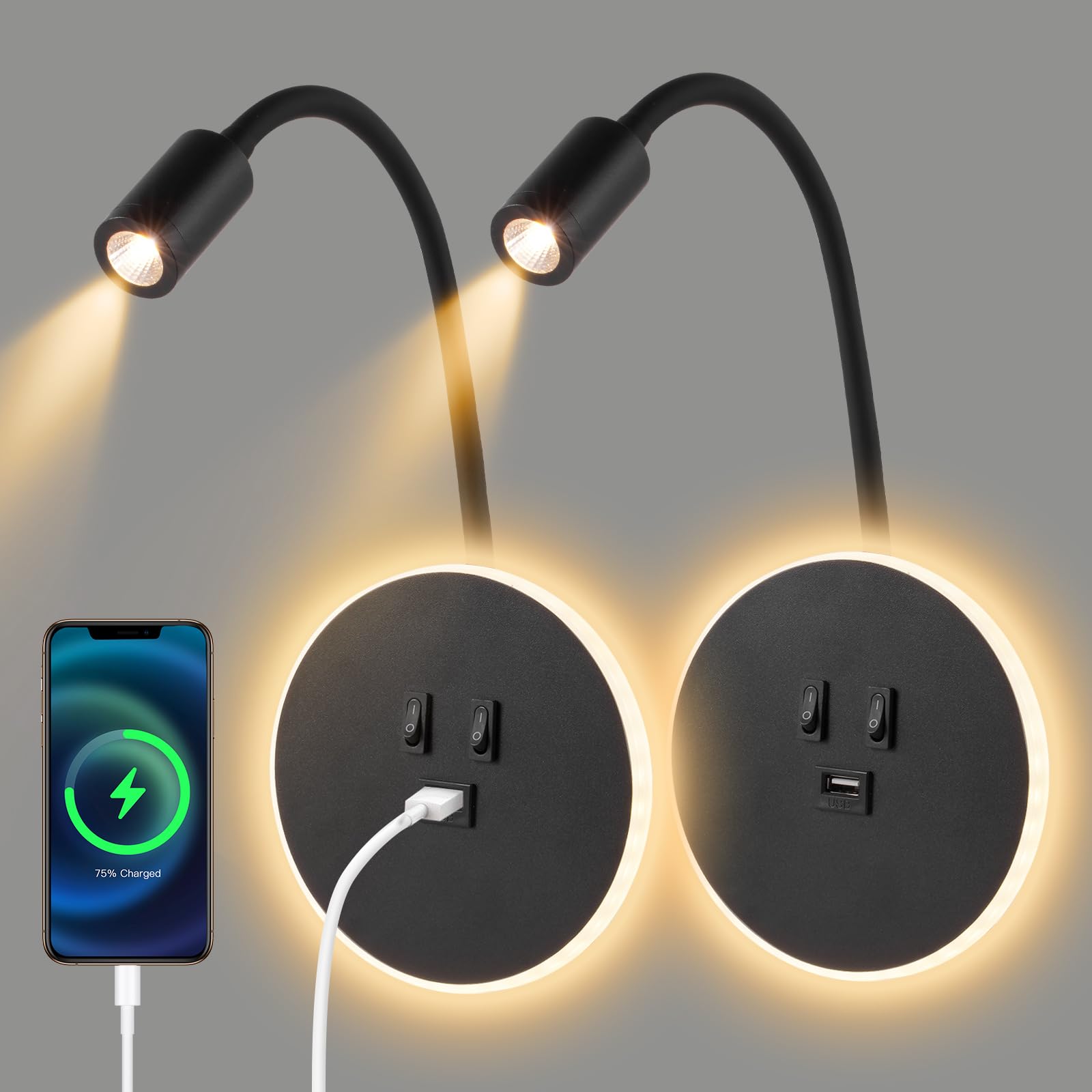 2pcs Lampada da Parete LED con USB, Nero