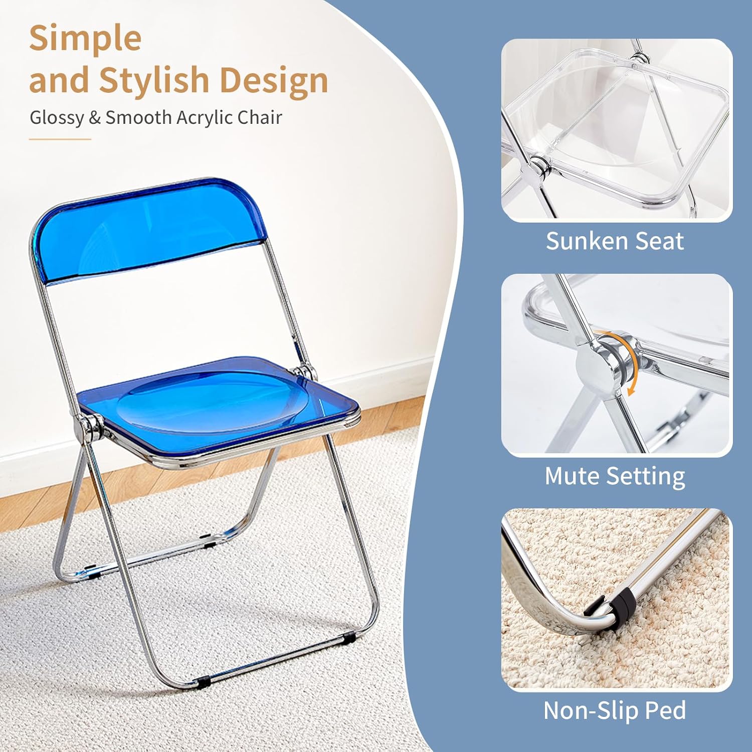 Kaihaowin Sedia Pieghevole Acrilico Trasparente, Blu - immagine 3