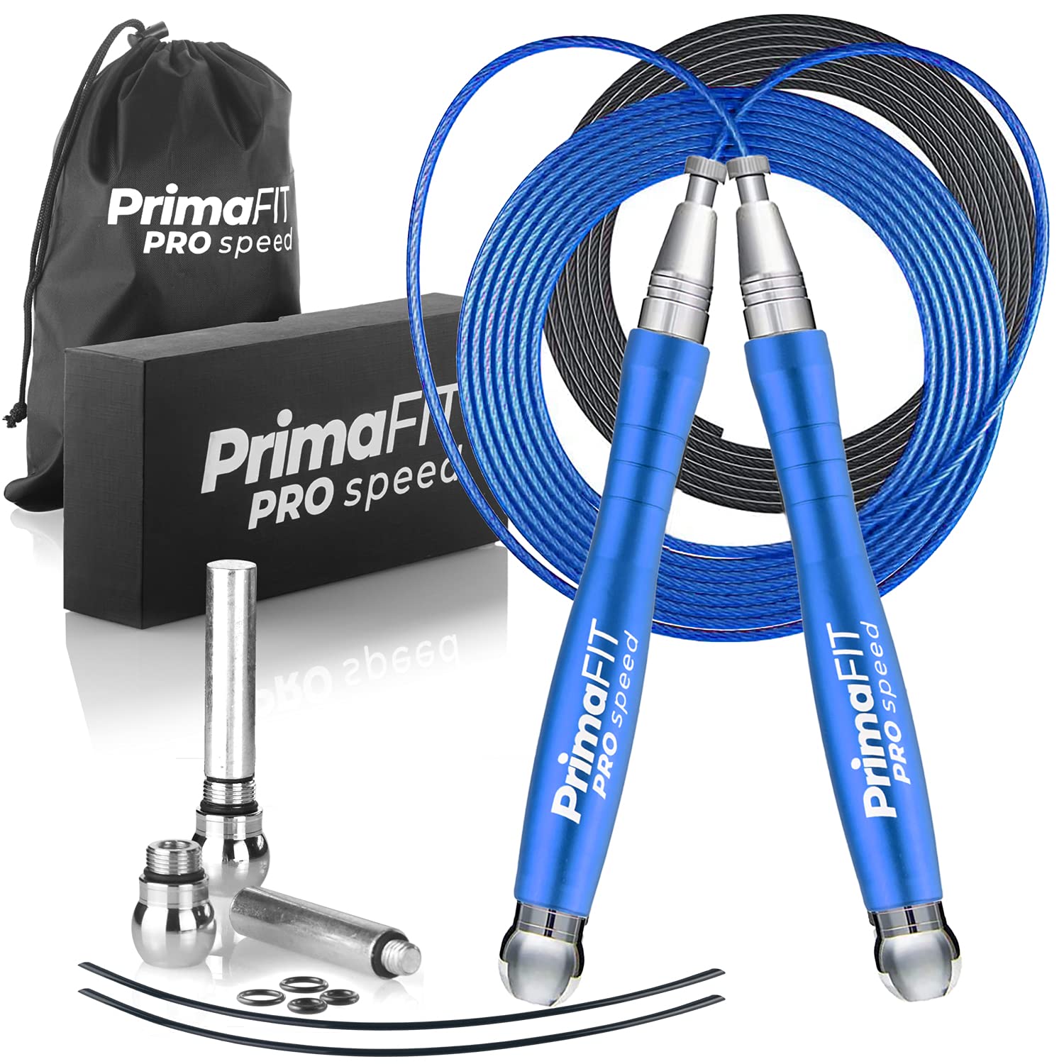 PrimaFIT Pro Speed Corda Per Saltare Professionale Con Pesi, Corda Salto Crossfit Pesante Regolabile Jump Rope Boxe, Cuscinetti a Sfera, Autobloccante, Alluminio, Perdita Peso,2 Cavi d'Acciaio & Borsa