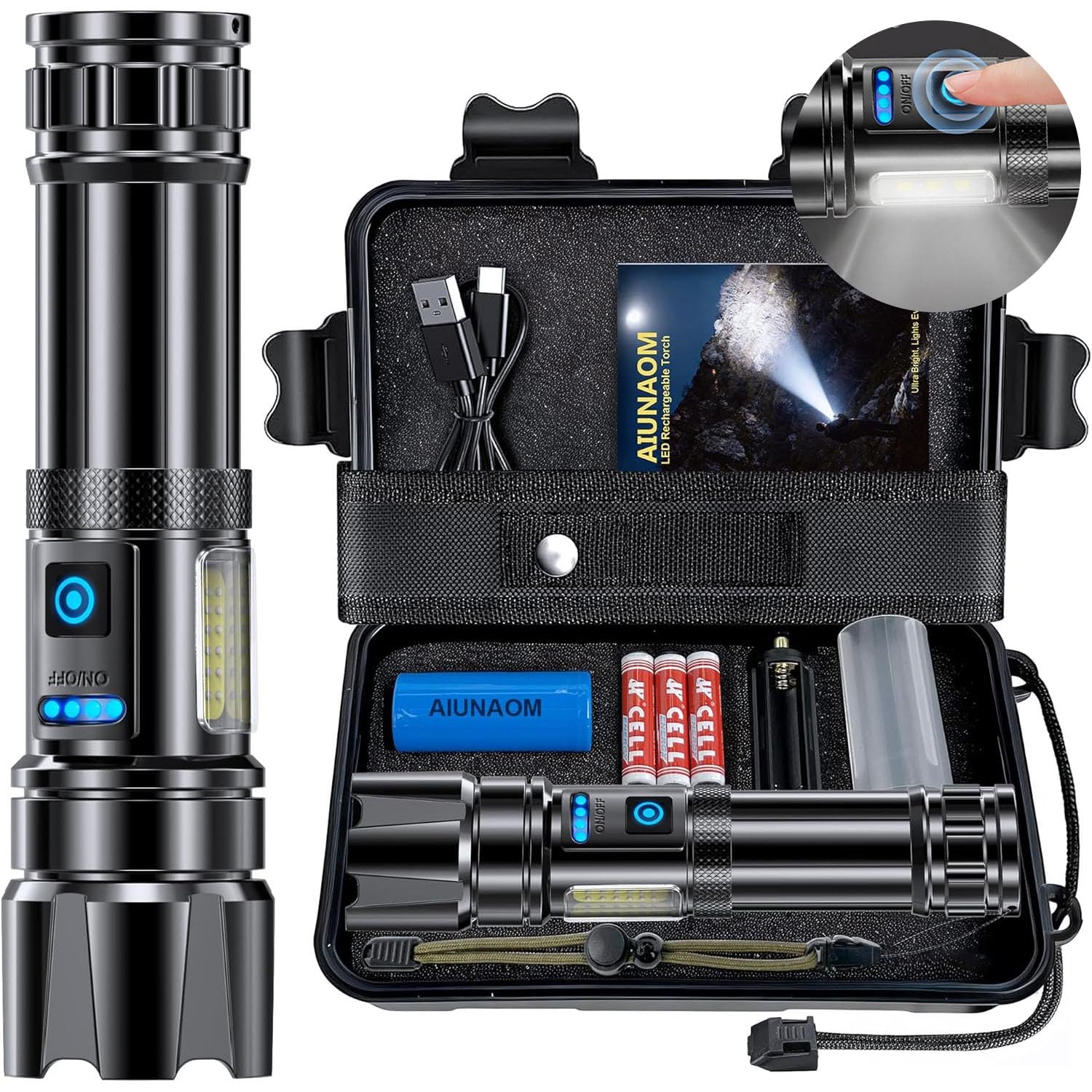 Torcia LED Ricaricabile, Torcia LED Potente Professionale, IPX6 Impermeabile con 9 Modalità Luce, per campeggio, escursionismo, emergenze