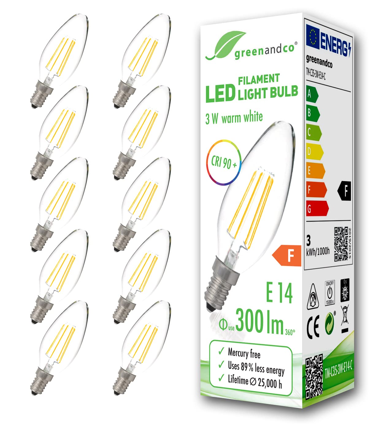 Greenandco 10x Lampadina Filamento LED E14 3W, Vetro