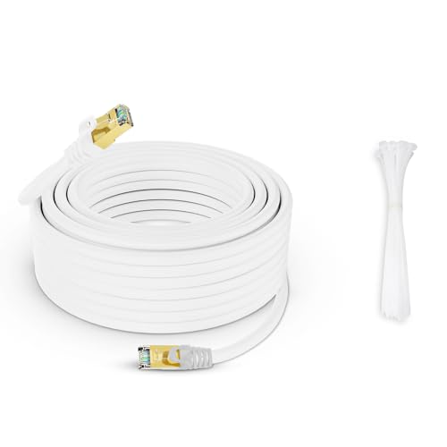 Cavo Ethernet Cat 7 da 50m, 10 Gbps 600MHz (Cavo di LAN Rete/Internet ad Alta Velocità,S/FTP) Cavi Patch RJ45/Bianco Impermeabile, per Router, Modem,PC, Server ecc. +25 fascette