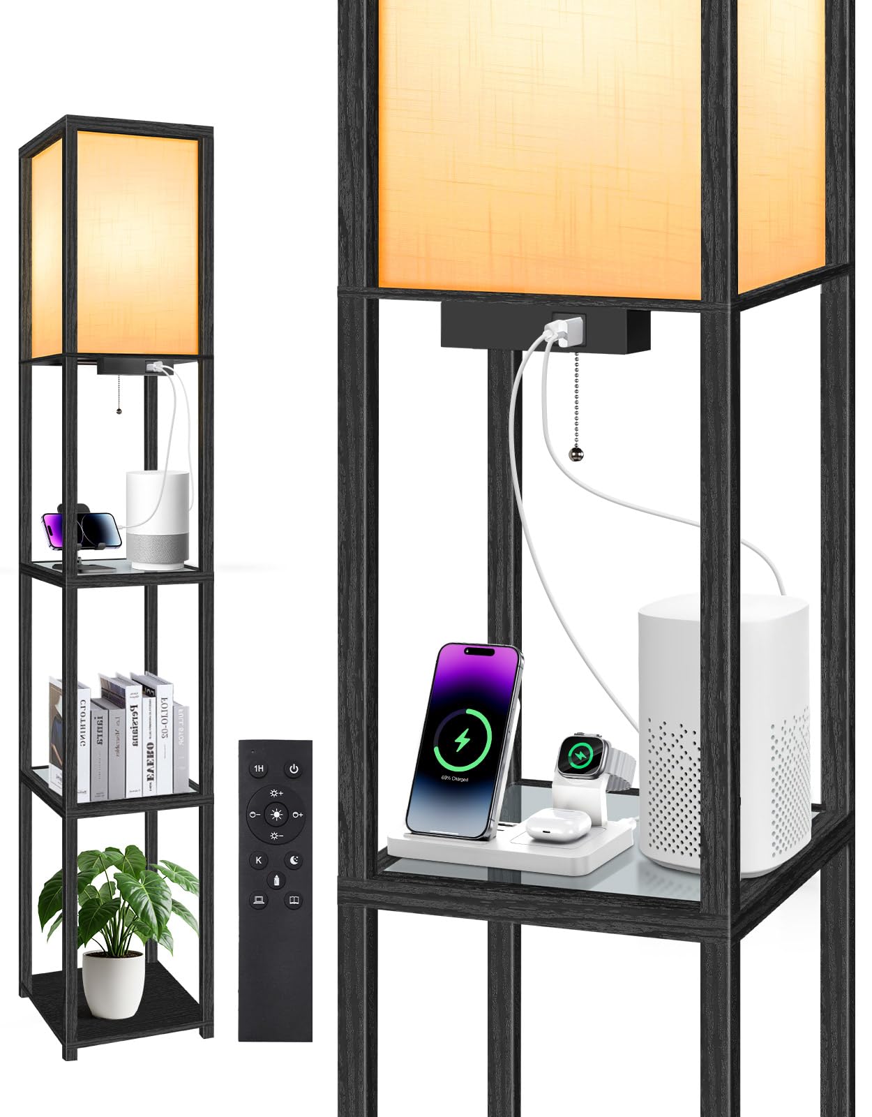 OUTON Lampada da Terra LED con Ripiani, Nero Opaco