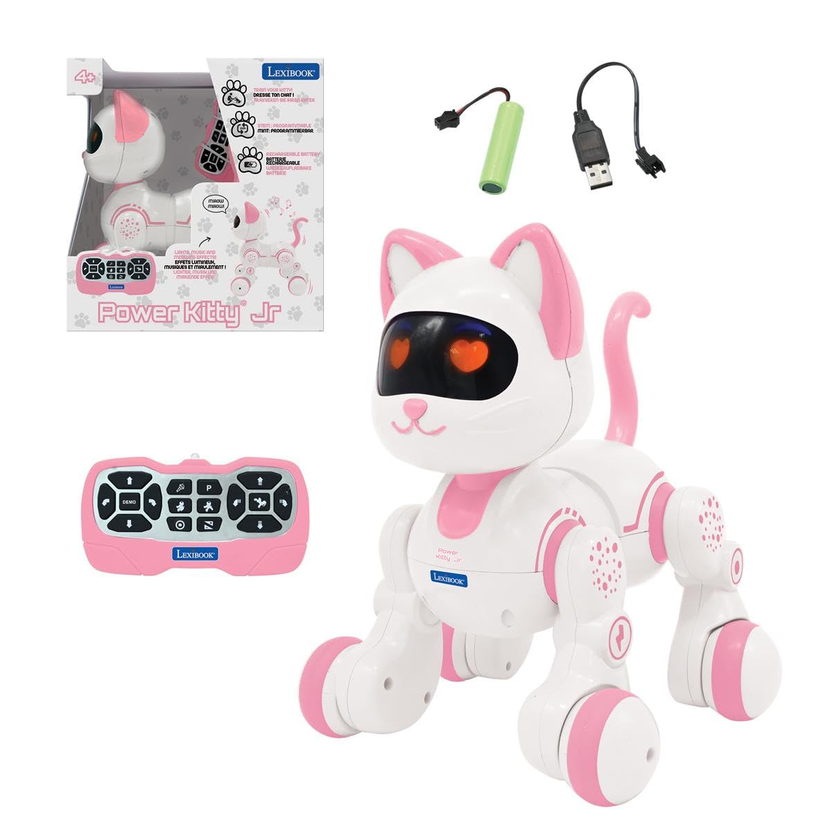 Lexibook, Power Kitty Jr., Gatto telecomandato da addestrare, Si dimena Come Un Vero Gatto, Occhi interattivi, STEM programmabile, Batteria Ricaricabile, Rosa/Bianco, KIT01LXB