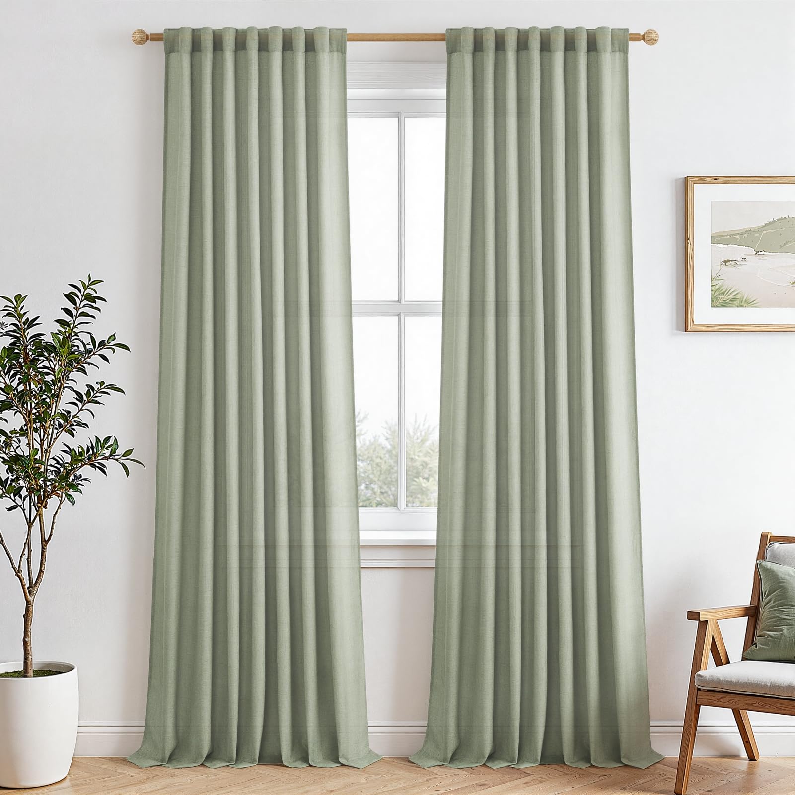Mrtrees Tende Lino Semitrasparenti 140x245 cm, Verde Salvia