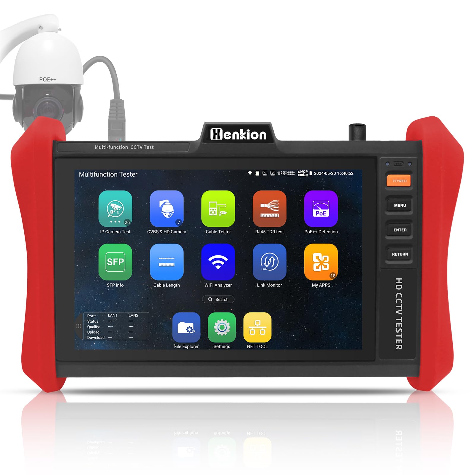 Henkion Tester CCTV 8 pollici IPS Touch Screen Monitor E89, IPC Camera Tester 4K 12MP IP e 4K 8MP TVI CVI AHD CVBS, 90W POE Uscita di corrente Tester Cavo SFP RJ45 Tester, ingresso HDMI VGA