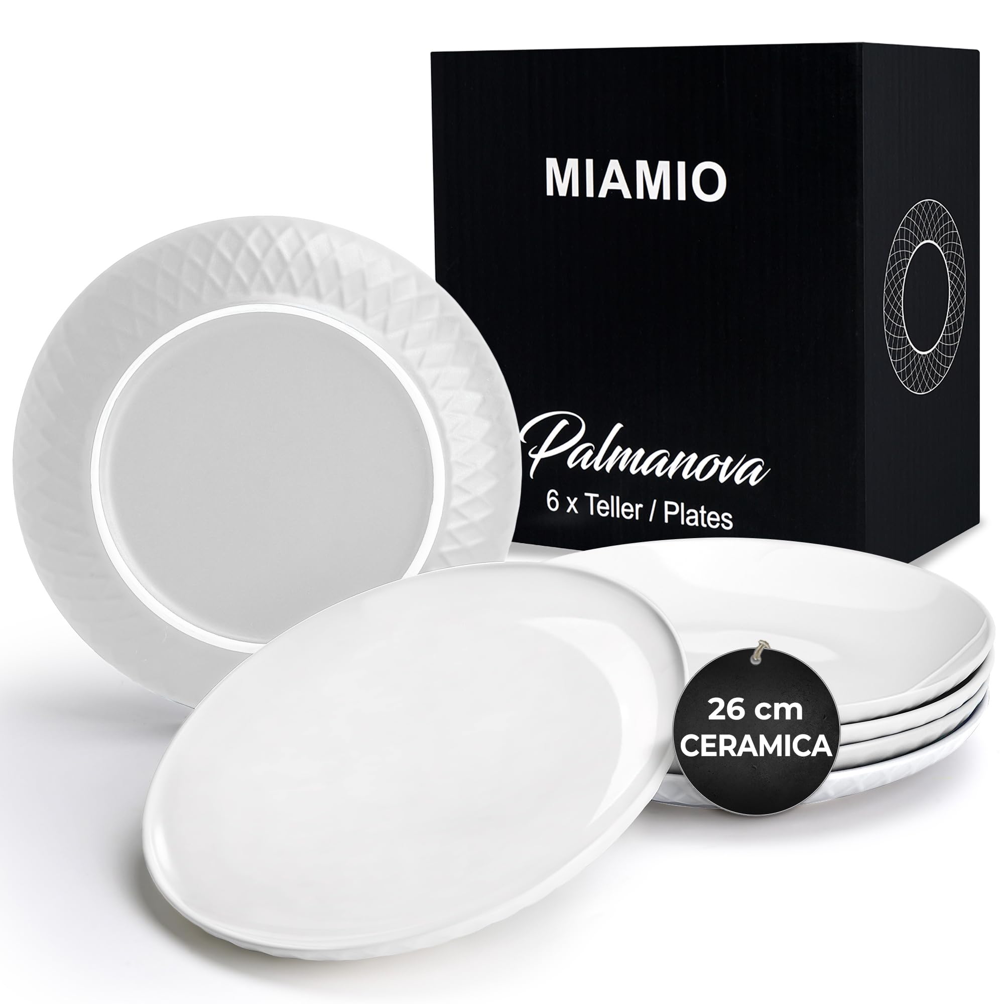 Miamio - Set 6 Piatti Moderni in Gres 26 cm, Blanco