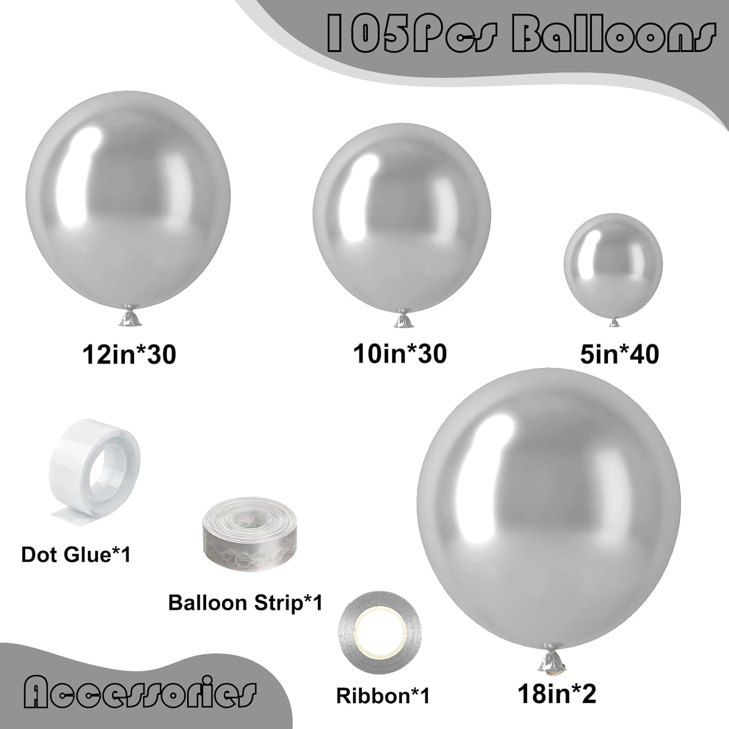 Kit Arco Palloncini Argento - 105 Pezzi - immagine 2