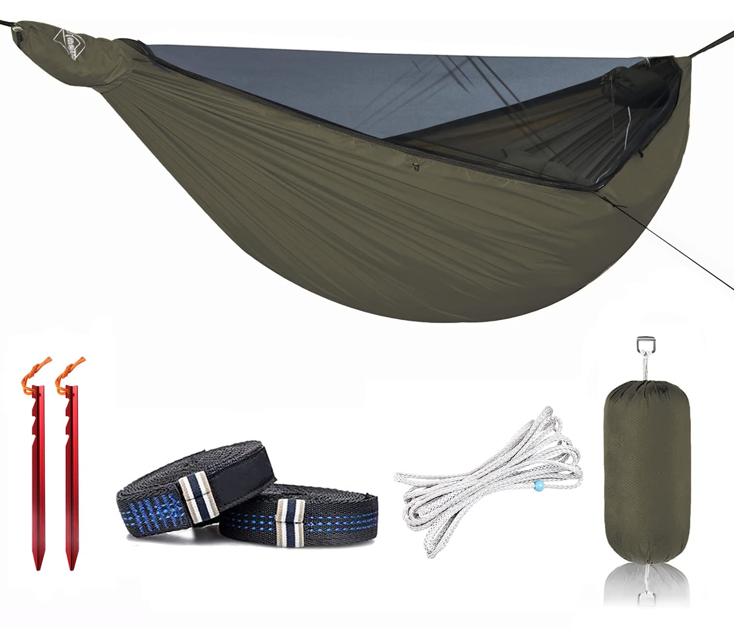 Onewind Amaca da campeggio con zanzariera da 12 m, con ridgeline UHMWPE regolabile, leggera amaca doppia portatile con cinghie per alberi da 3.7 m, ideale per campeggio, zaino in spalla, verde OD