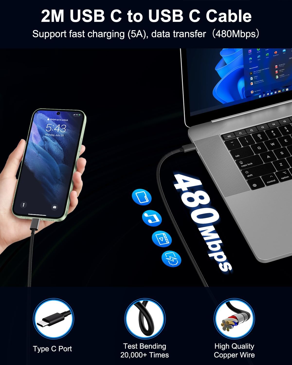 Caricatore USB C 45W con Cavo 2M per Samsung Galaxy - immagine 4