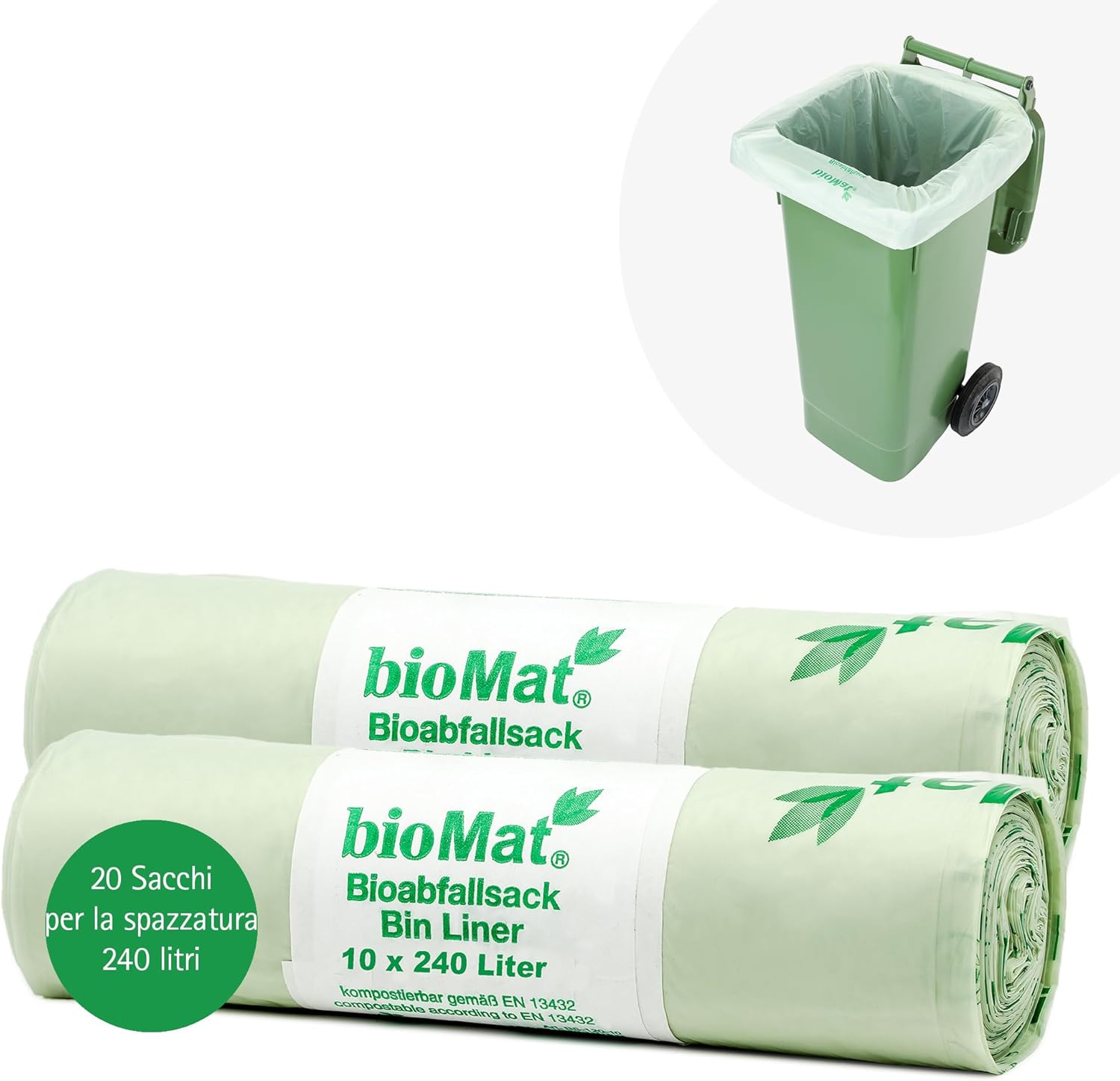 bioMat 240 Lt Abfallsack Sacco per la Spazzatura, 240 Litri, Bioplastica, Verde