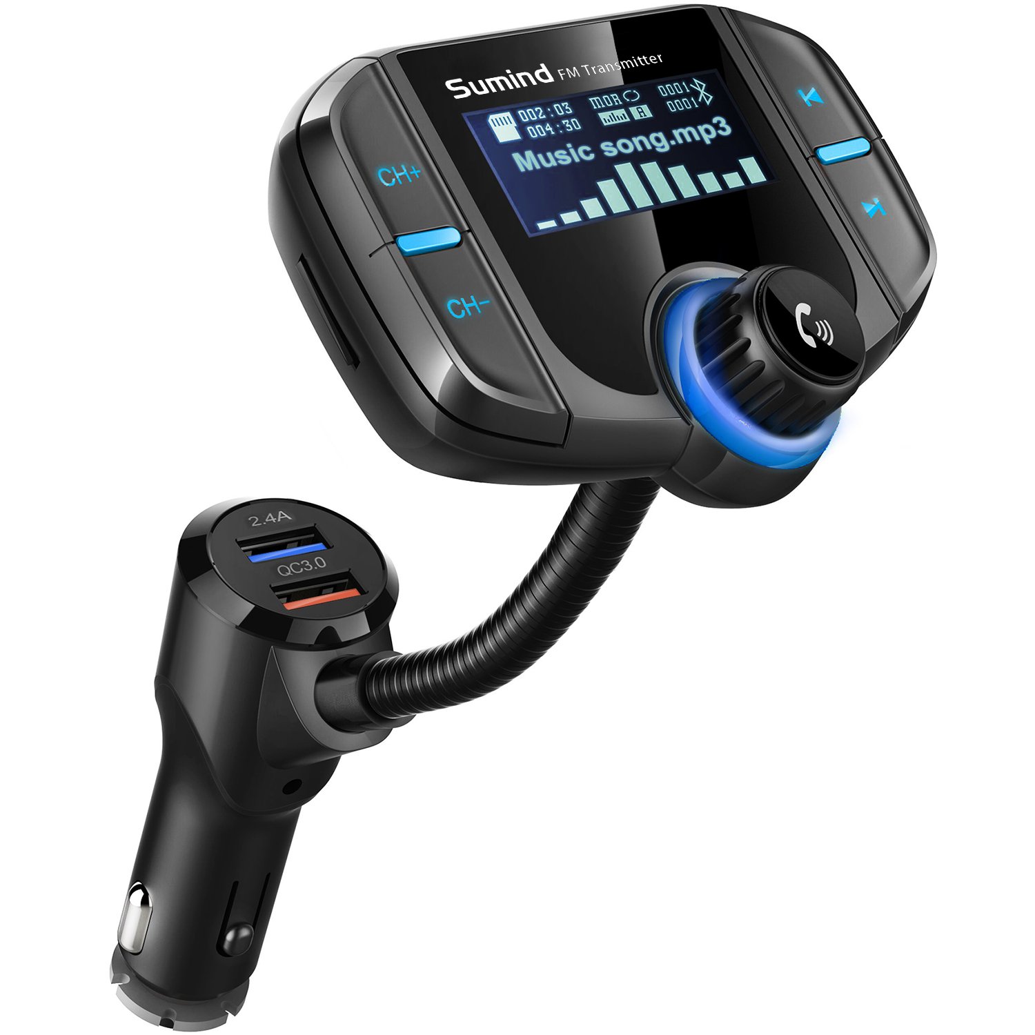 Bluetooth Trasmettitore FM con 1.7 pollici Display e Porte Doppio USB (Nero)