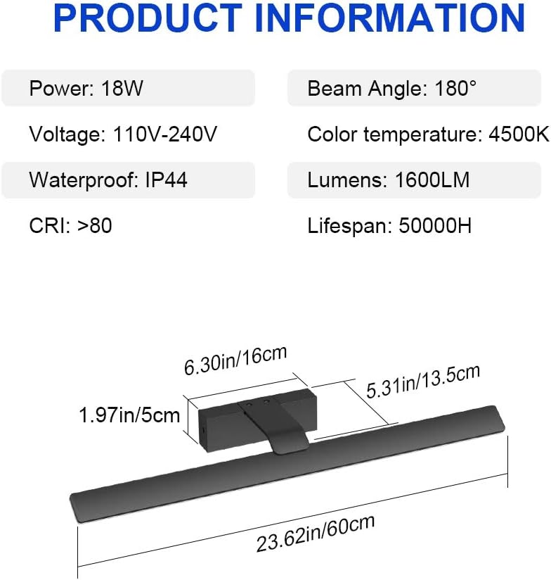 Klighten Luce Specchio Bagno LED 60cm, Nero - immagine 6