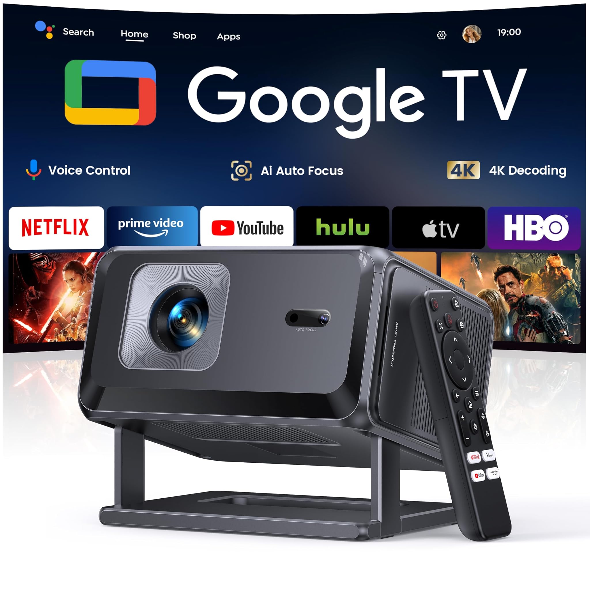Proiettore 4K【Google TV/Compatibile con Netflix】Videoproiettore Auto Focus e 6D Keystone Projector a Focale Corta Proiettore Portatile WiFi Bluetooth Proiettori Rotabile Home Cinema per Casa e Esterno