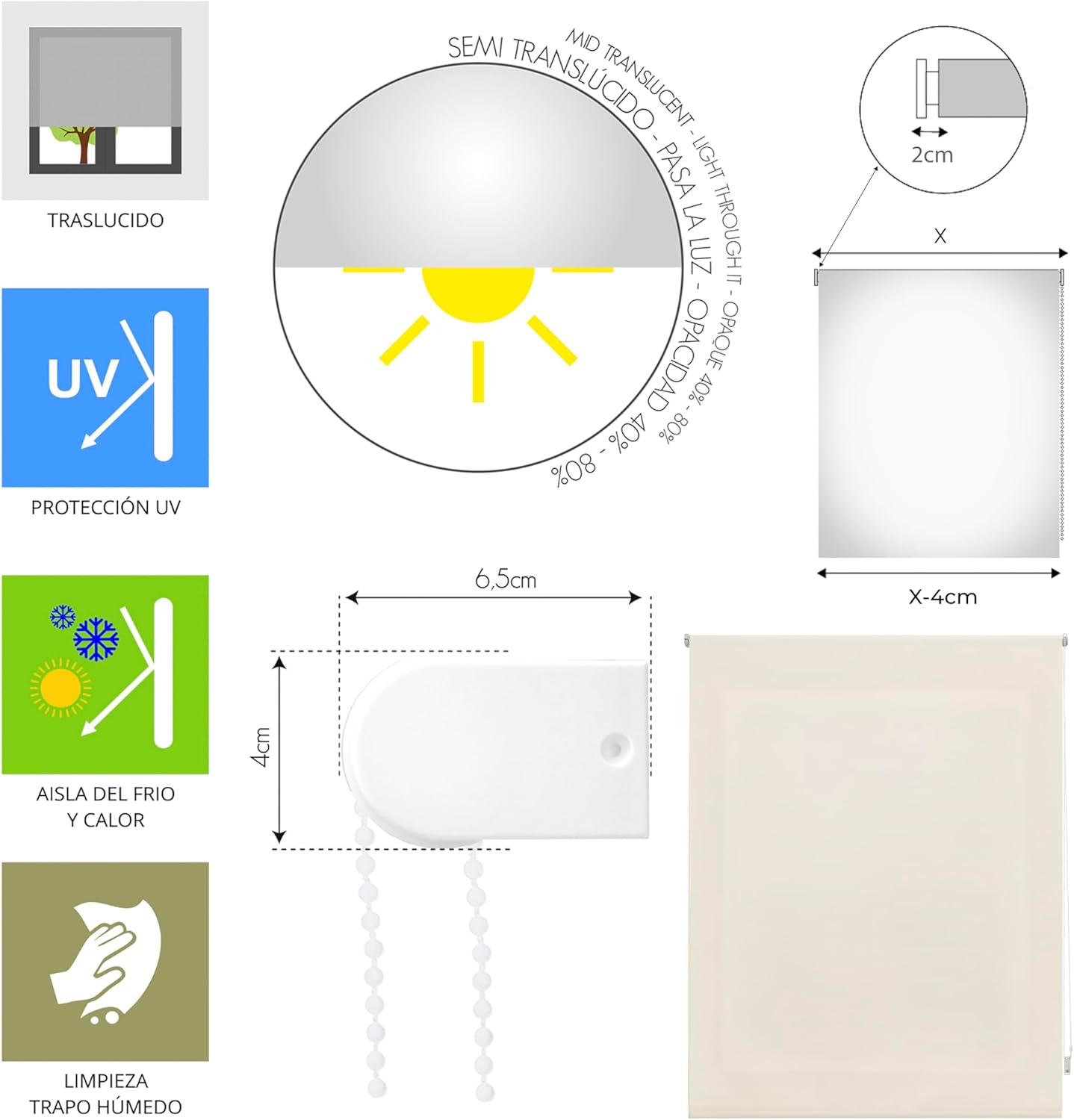 Blindecor Ara - Tenda a rullo traslucida, Beige 160x250cm - immagine 5