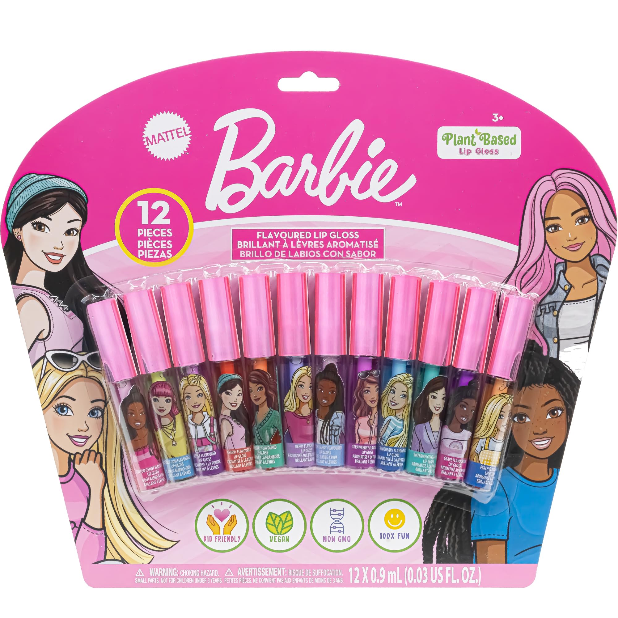 Barbie set lucidalabbra da 12 pezzi a base vegetale, set primo trucco per bambine, perfetto per feste, pigiama party e regali per compleanno, a partire dai 3 anni di età, prodotto da Townley Girl