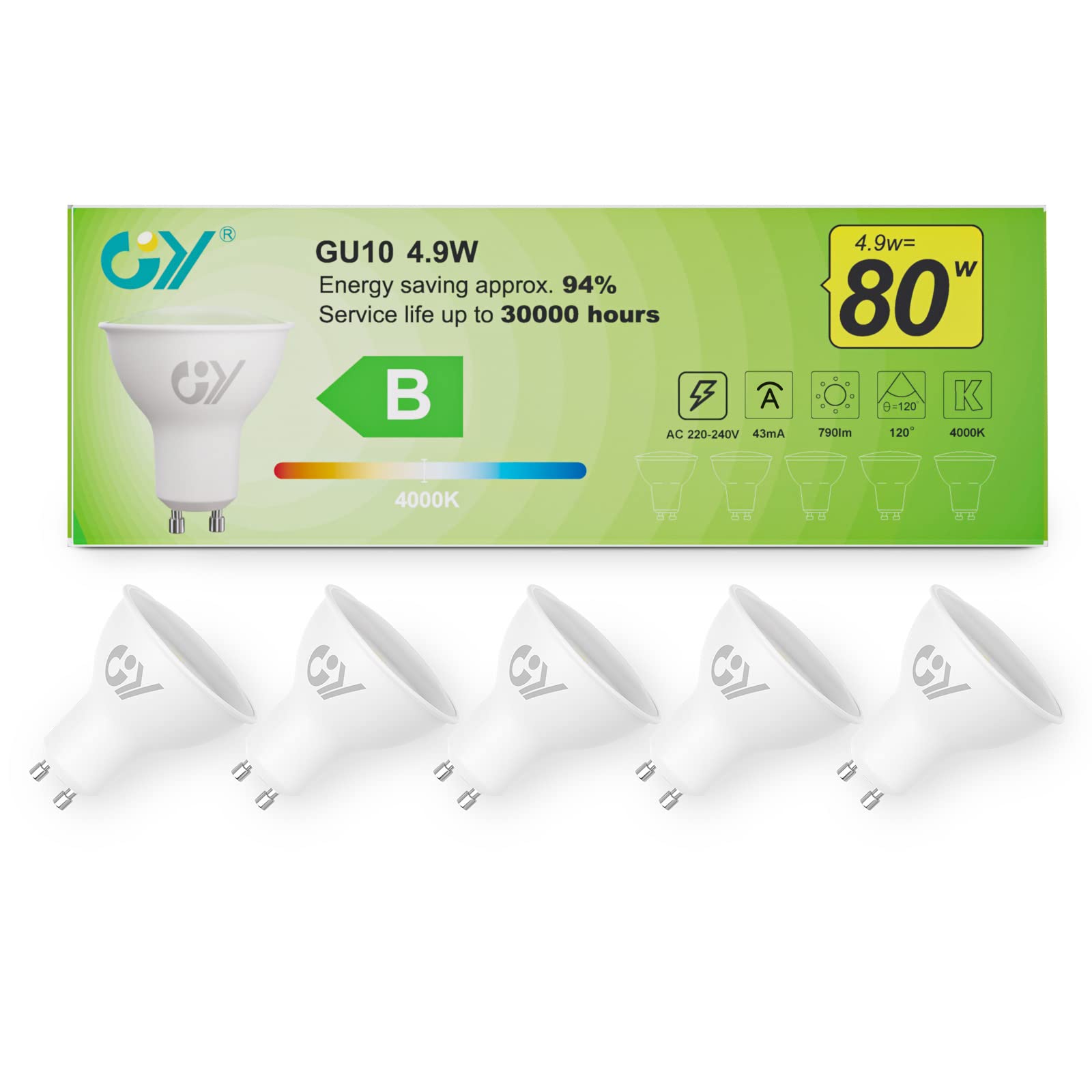 Gy Lampadine GU10 LED 4.9W, Bianco Neutro