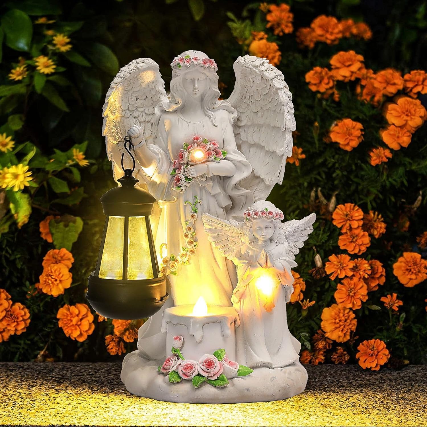Statua Angelo Custode con Lanterna Solare LED 33cm - immagine 3
