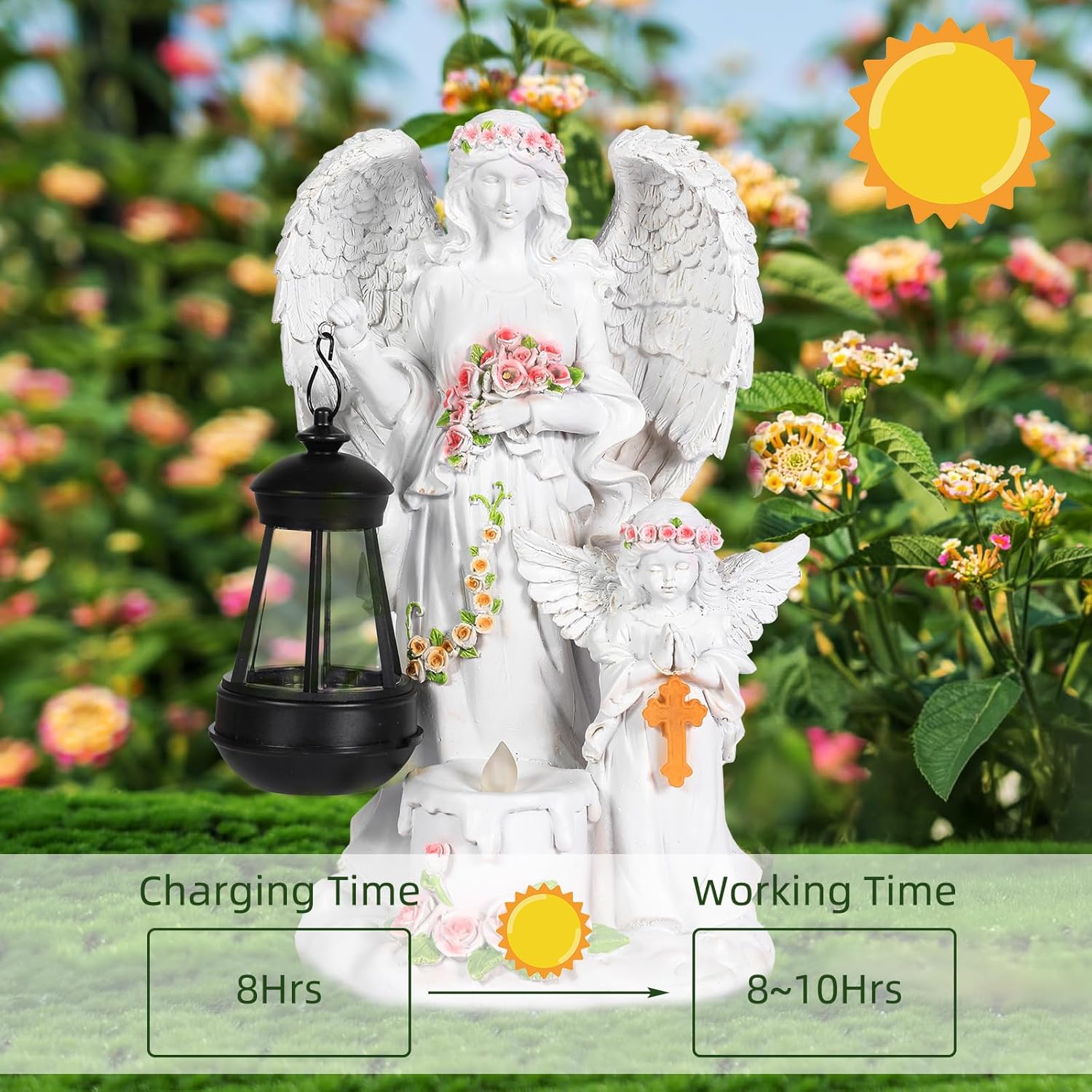 Statua Angelo Custode con Lanterna Solare LED 33cm - immagine 4