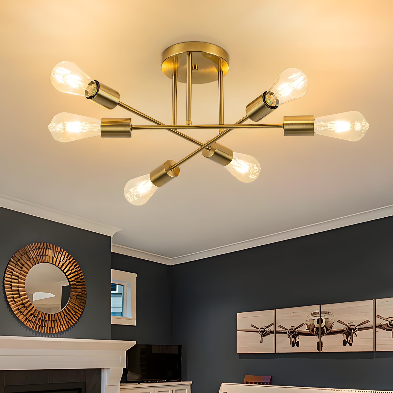 Lampada da Soffitto Vintage E27-6 Luci Industriale, Dorata