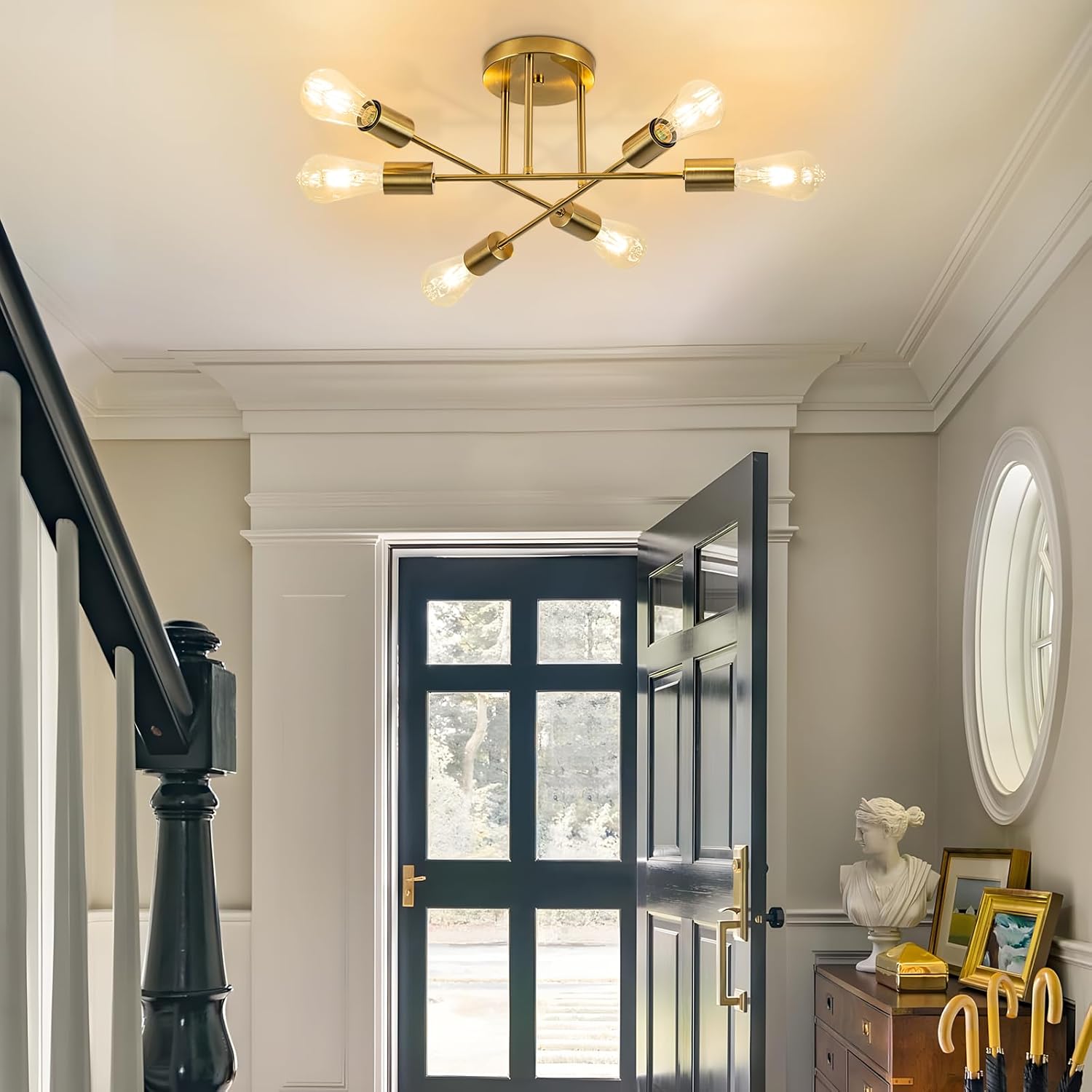 Lampada da Soffitto Vintage E27-6 Luci Industriale, Dorata - immagine 2