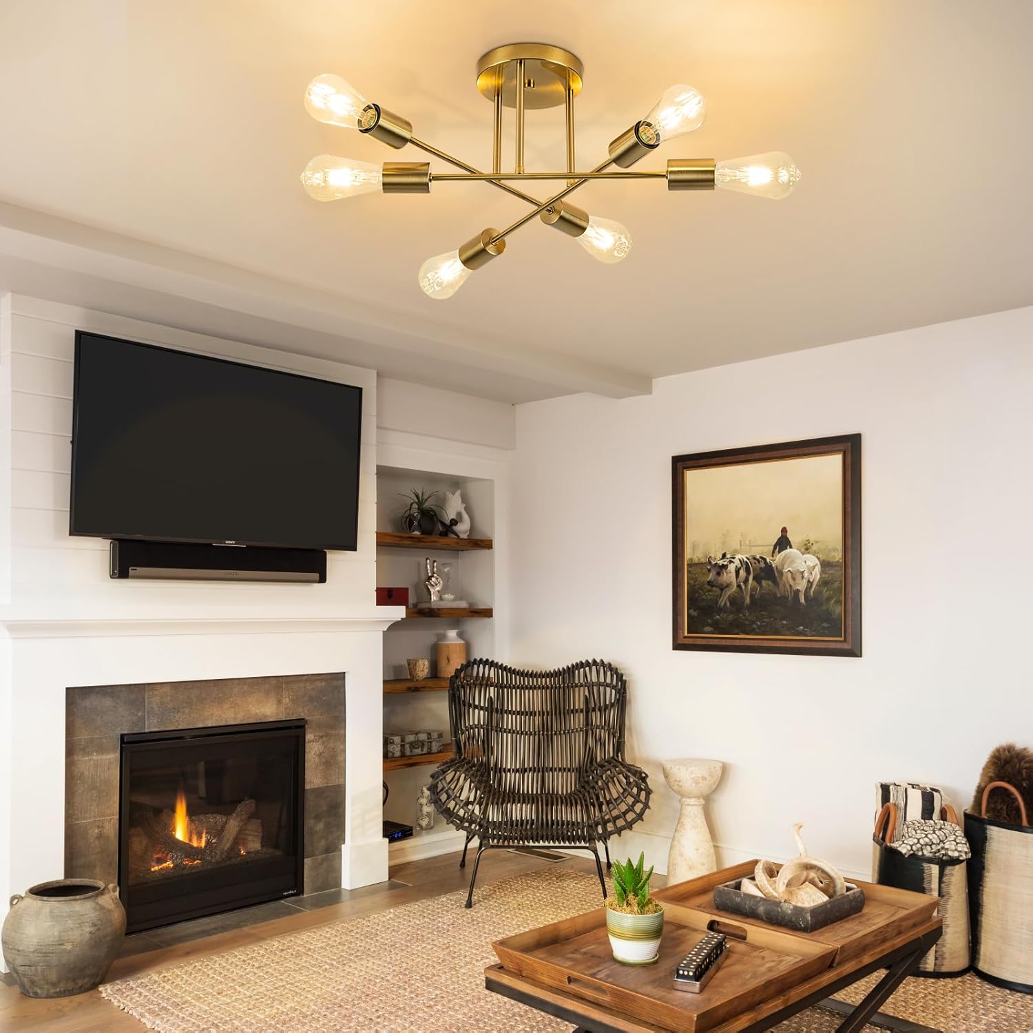 Lampada da Soffitto Vintage E27-6 Luci Industriale, Dorata - immagine 3