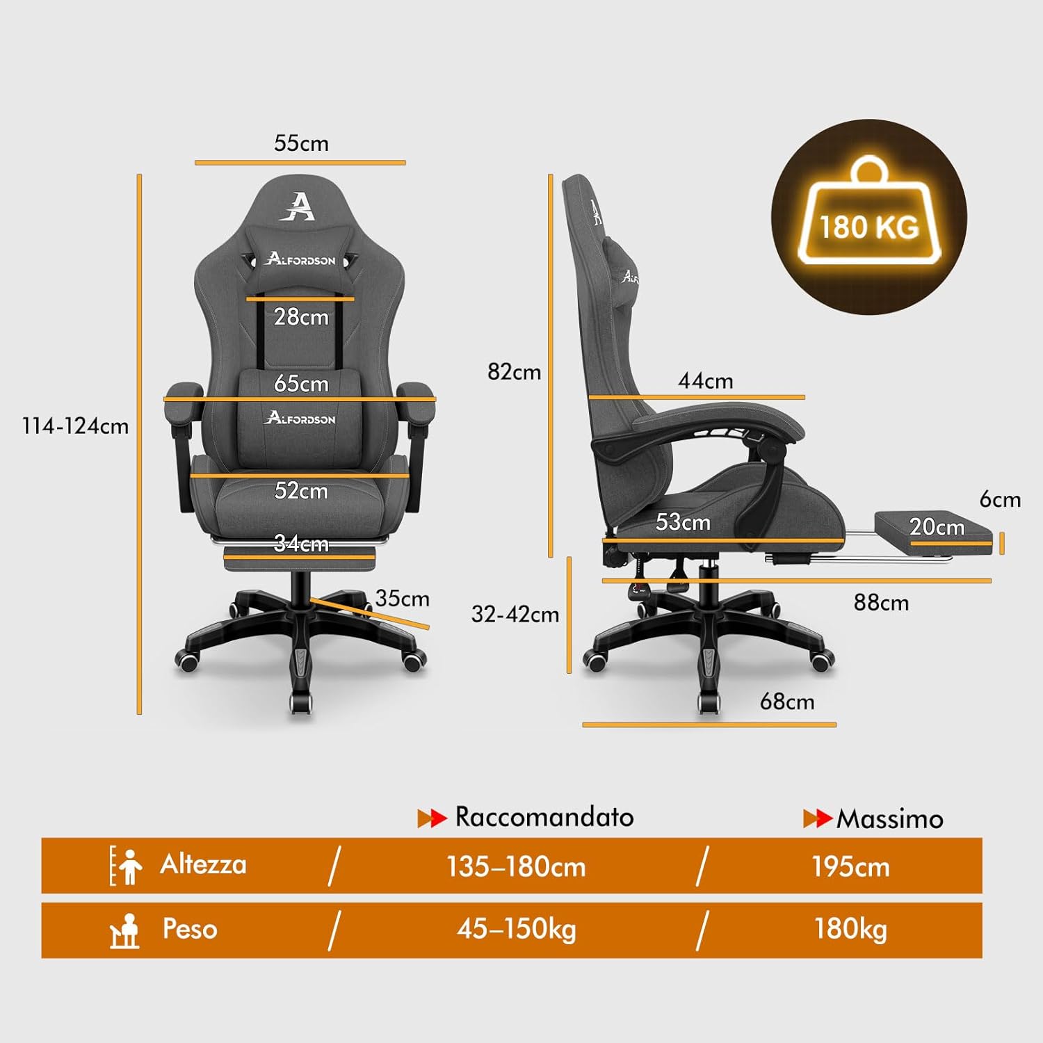 Alfordson Sedia da Gaming Massaggiante 180kg, Grigio - immagine 2