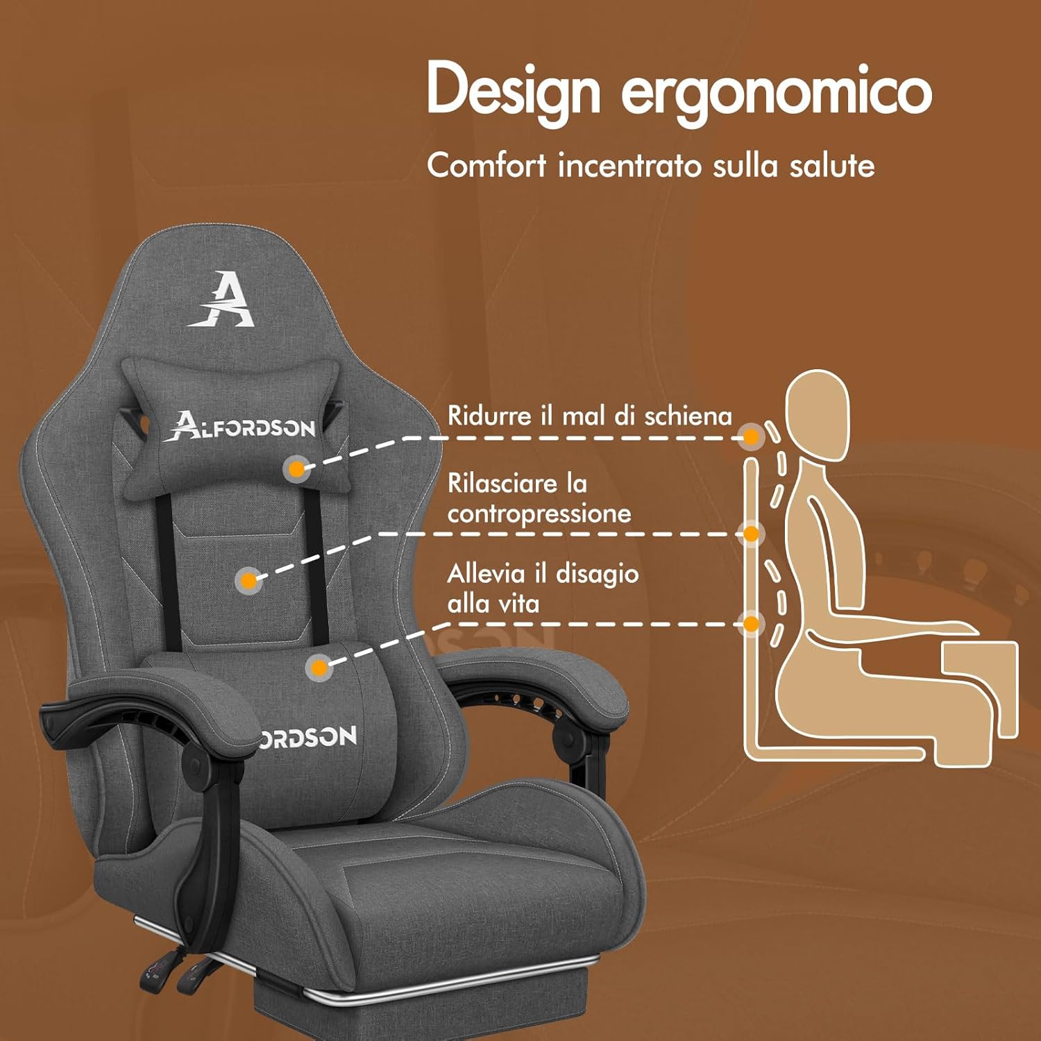 Alfordson Sedia da Gaming Massaggiante 180kg, Grigio - immagine 3