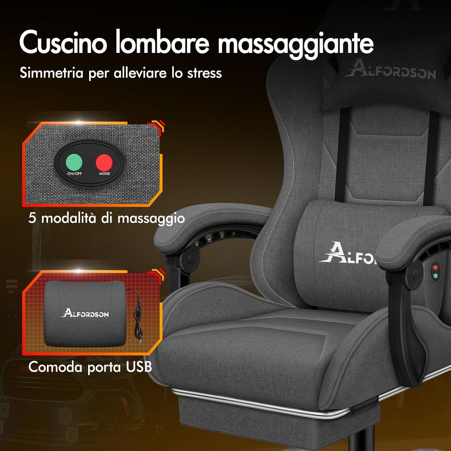 Alfordson Sedia da Gaming Massaggiante 180kg, Grigio - immagine 4