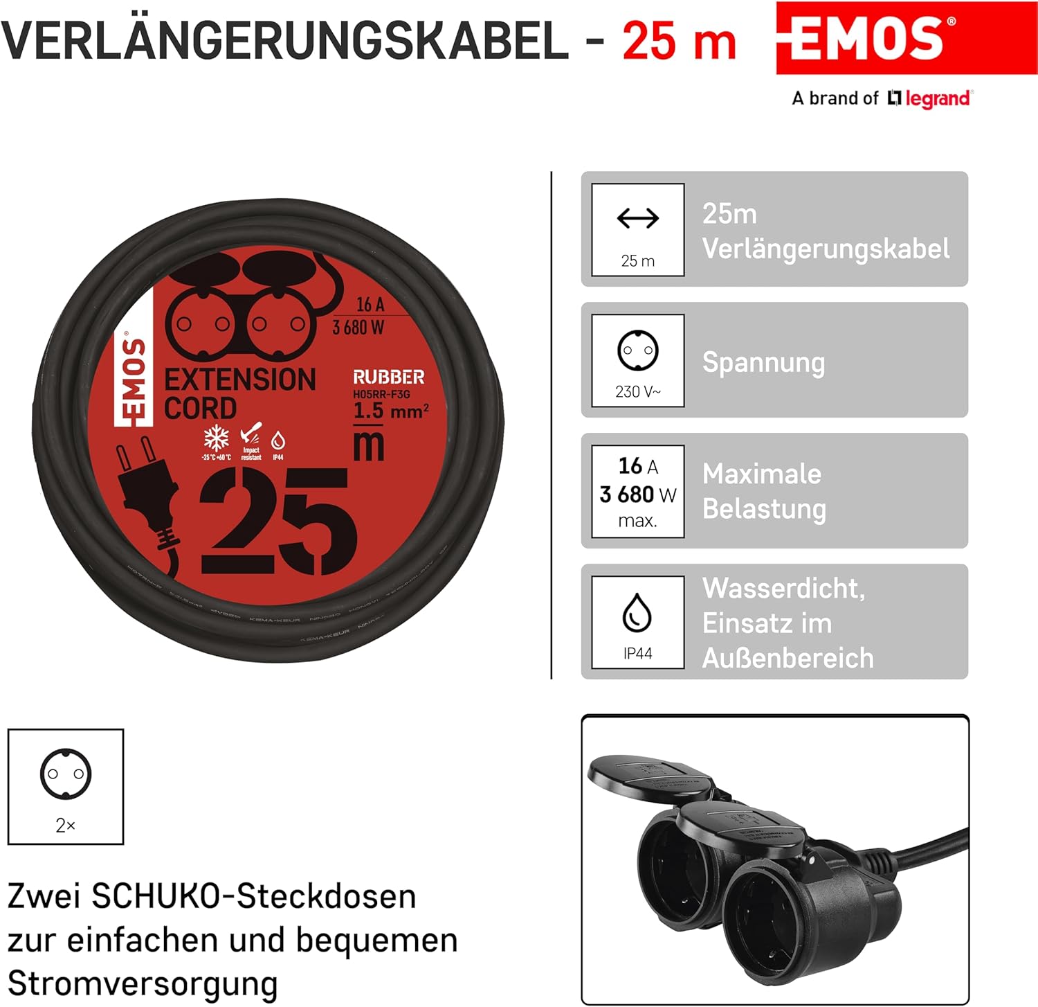 Cavo Prolunga Emos 25m con 2 Prese Schuko - immagine 2