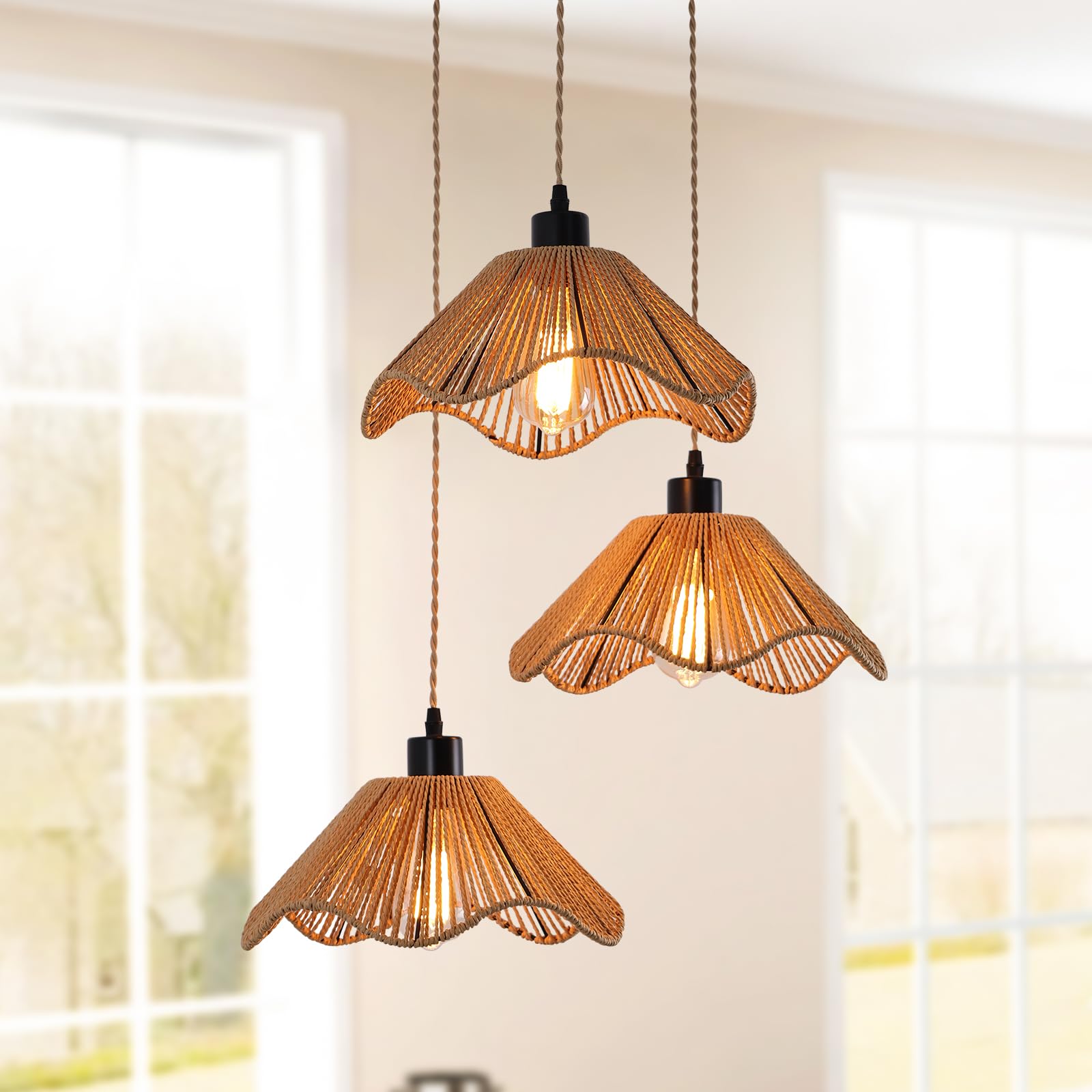 Jiinoo Lampada a Sospensione Rattan 3 Luci Boho