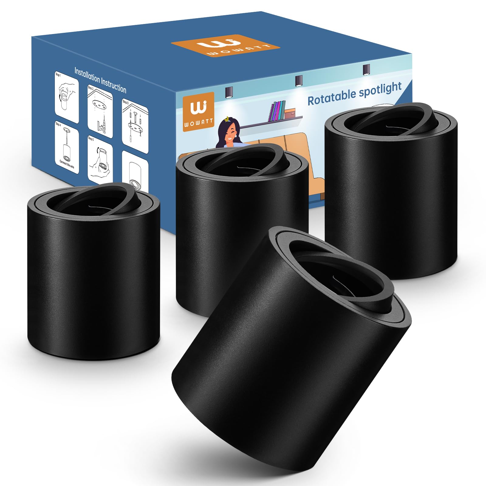 Wowatt 4 Packs Faretti Led Soffitto Orientabili, Nero