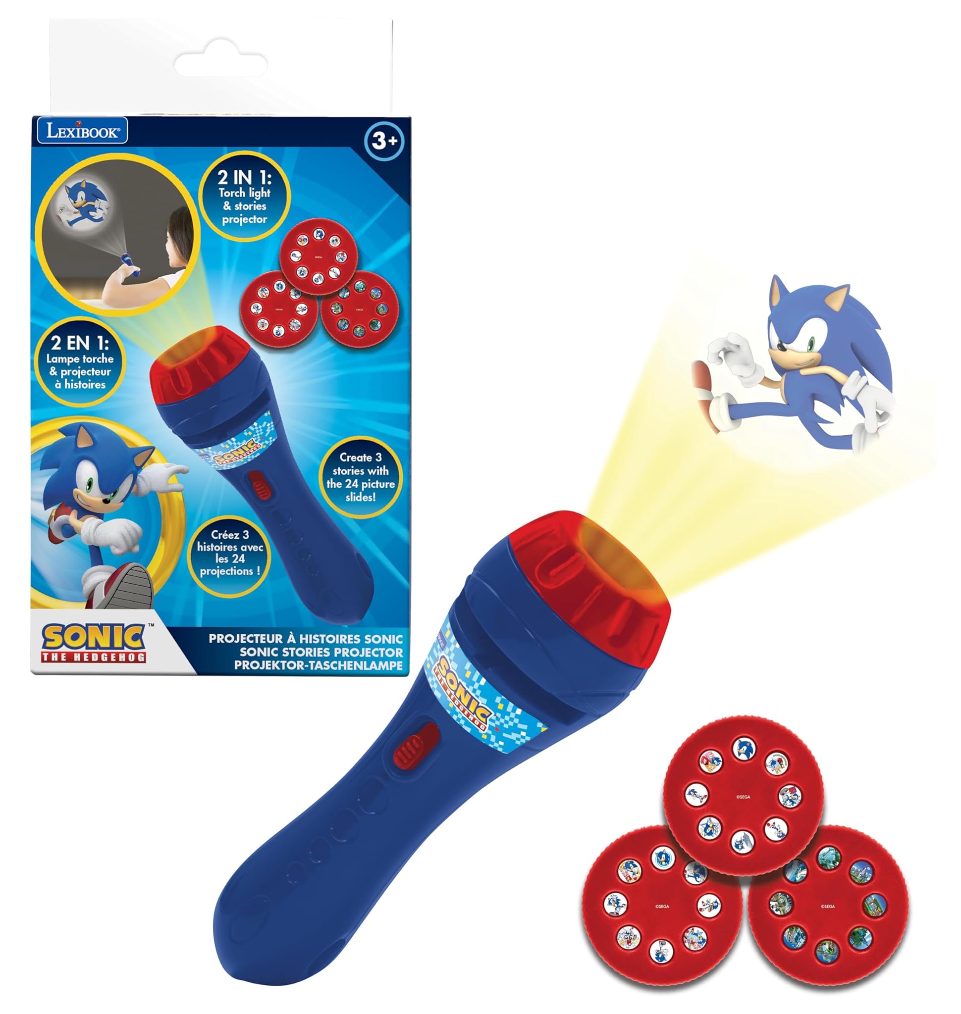 Lexibook, Sega Sonic The Hedgehog, Proiettore di storie e Torcia Luminosa, Proietta 24 Immagini dal Mondo di Sonic con 3 Dischi, Rosso/Blu, LTC050SNLXB