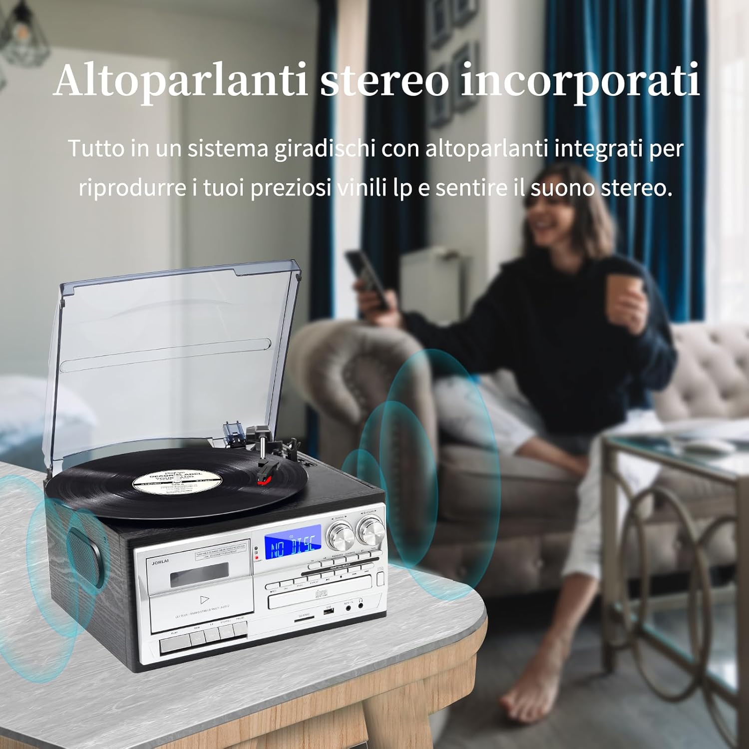 Jorlai Giradischi 9 in 1 a 3 velocità, Nero - immagine 5