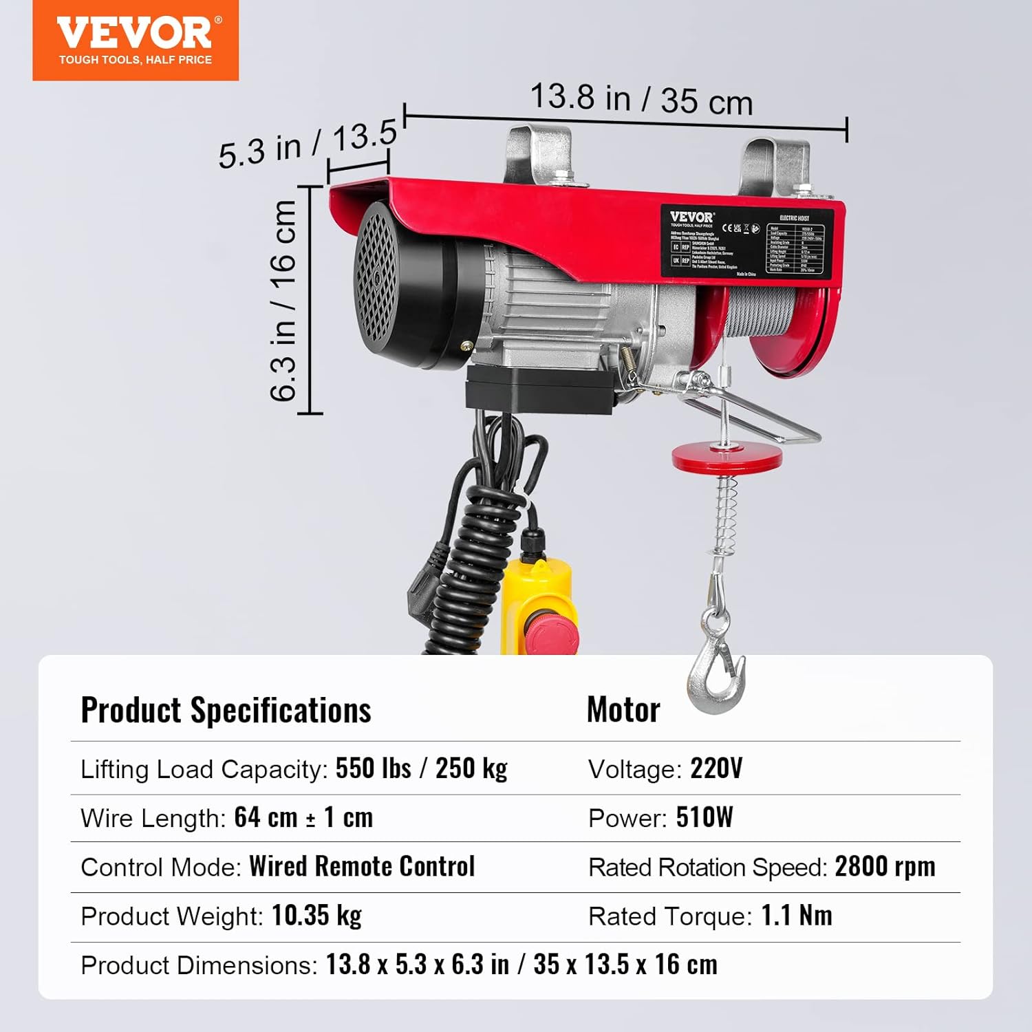 VEVOR Paranco a Leva Elettrico 510W, Carico Max 250kg - immagine 7