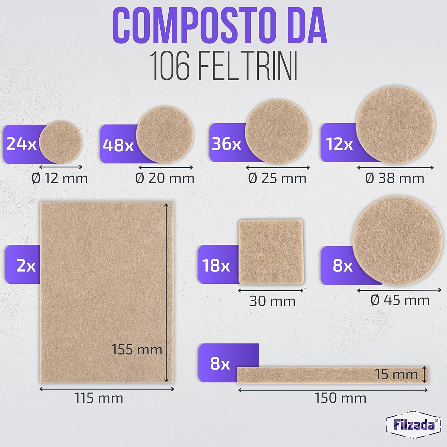 Filzada® Feltrini Autoadesivi 156 Pezzi, Beige - immagine 2