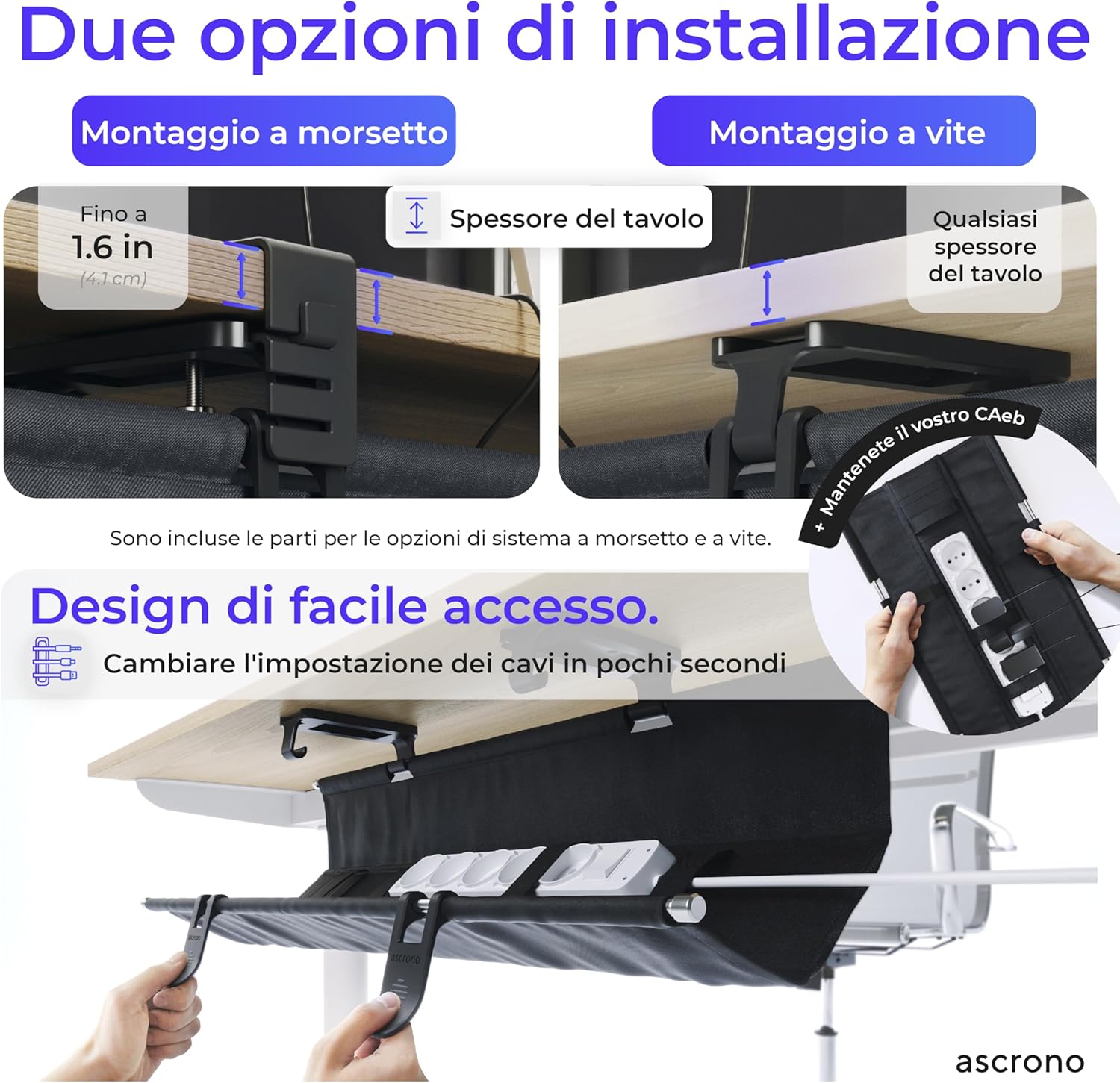 Ascrono Vassoio Gestione Cavi 103,1 cm Sotto Scrivania - immagine 2