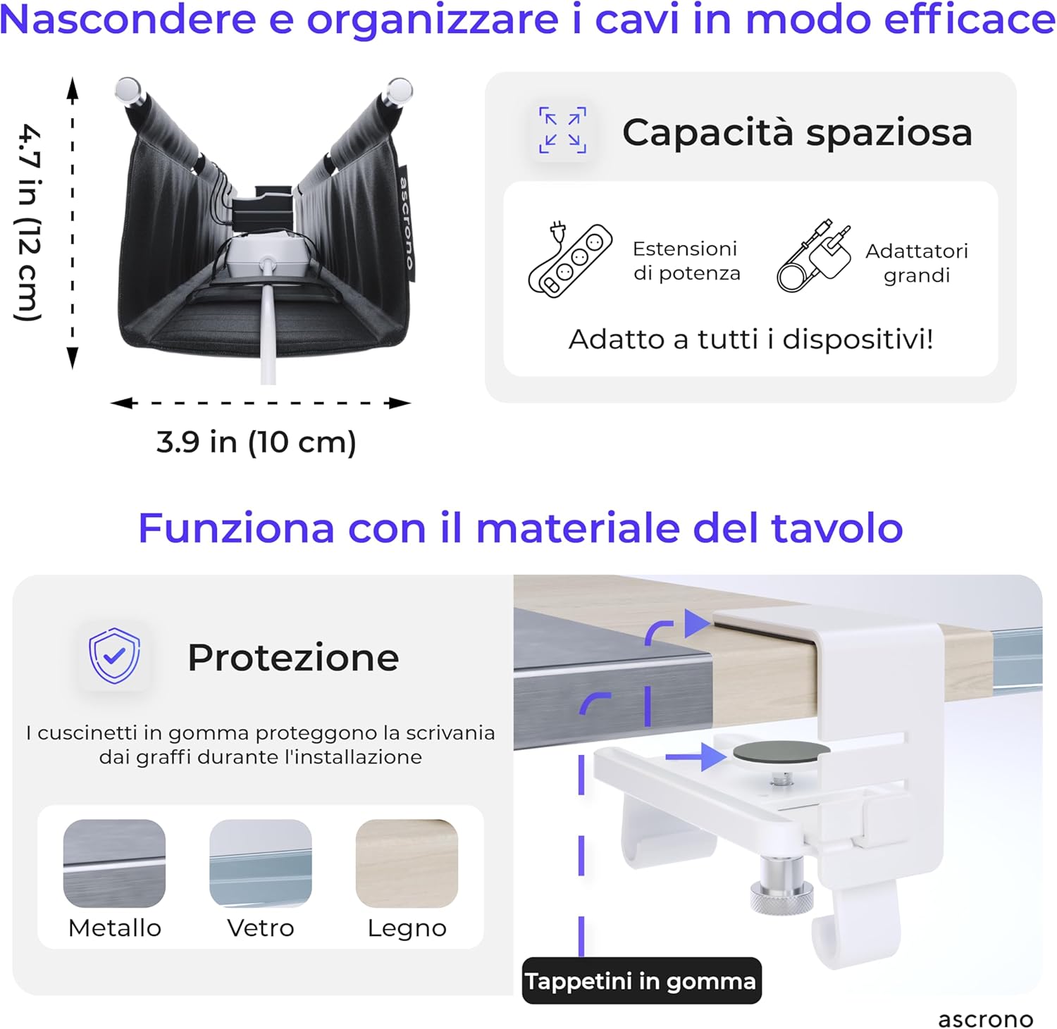 Ascrono Vassoio Gestione Cavi 103,1 cm Sotto Scrivania - immagine 5