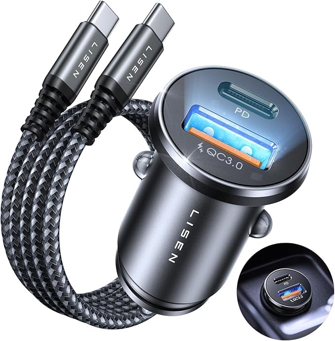 Lisen Caricatore Auto USB-C 69W+60W con Cavo