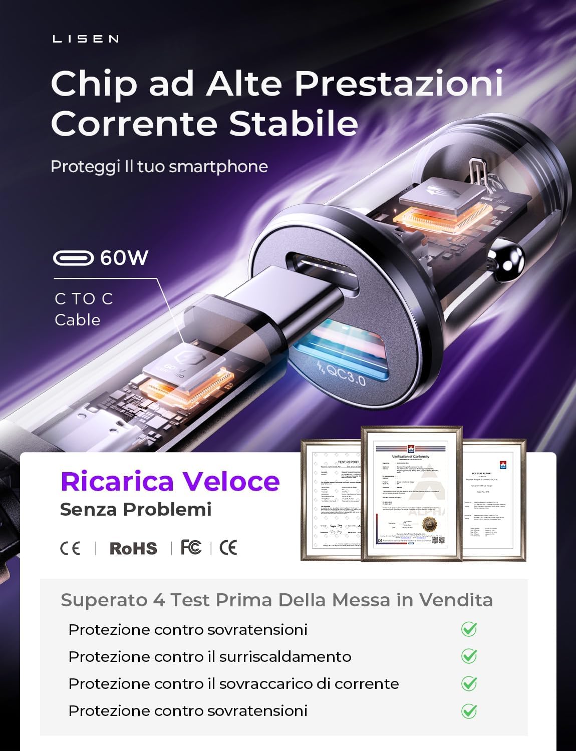 Lisen Caricatore Auto USB-C 69W+60W con Cavo - immagine 3