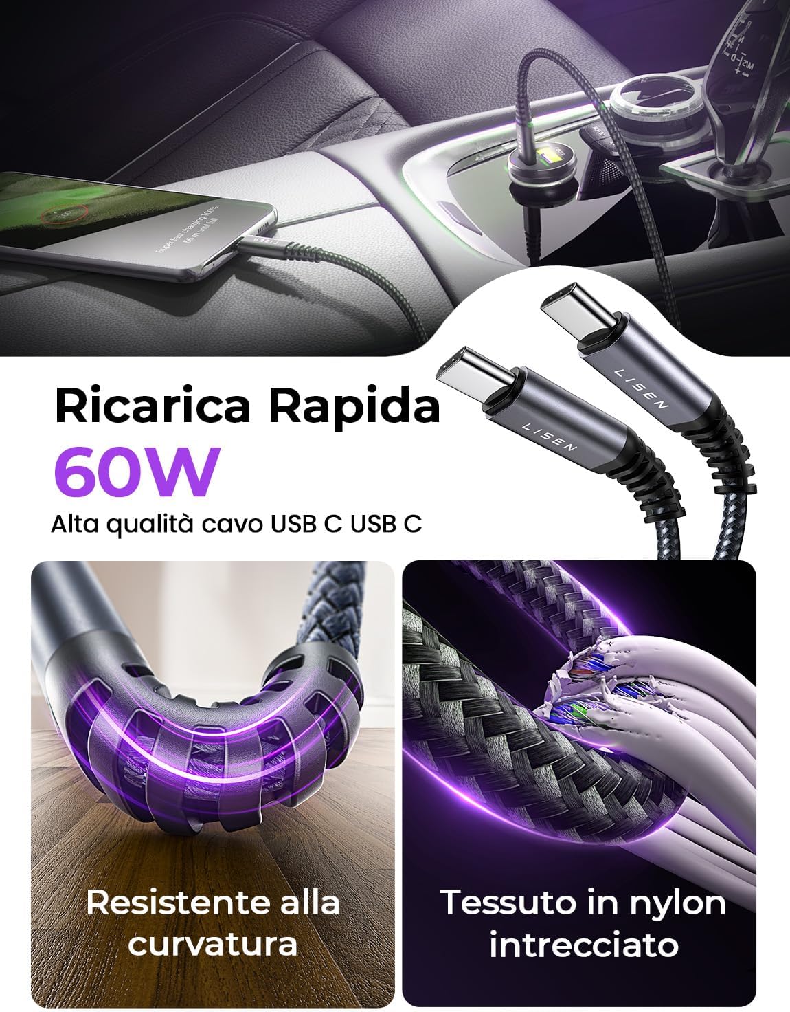 Lisen Caricatore Auto USB-C 69W+60W con Cavo - immagine 5