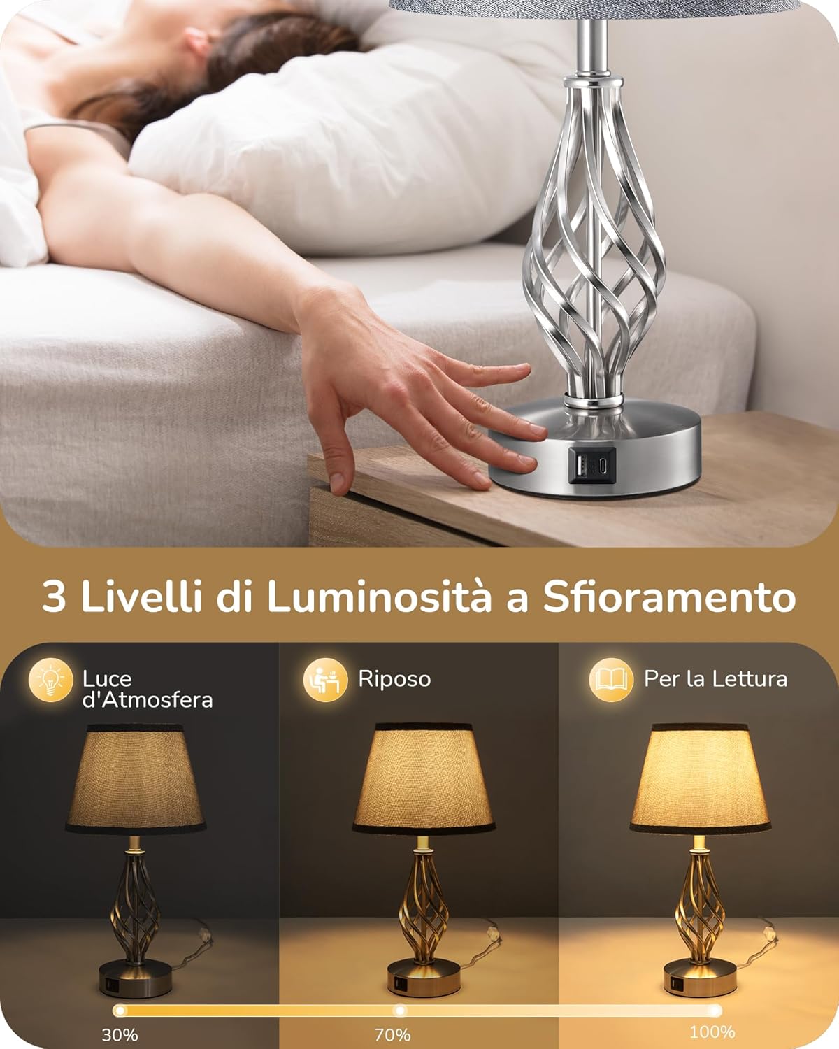 EDISHINE Lampade Comodino Touch Set 2 USB-A + USB-C - immagine 2