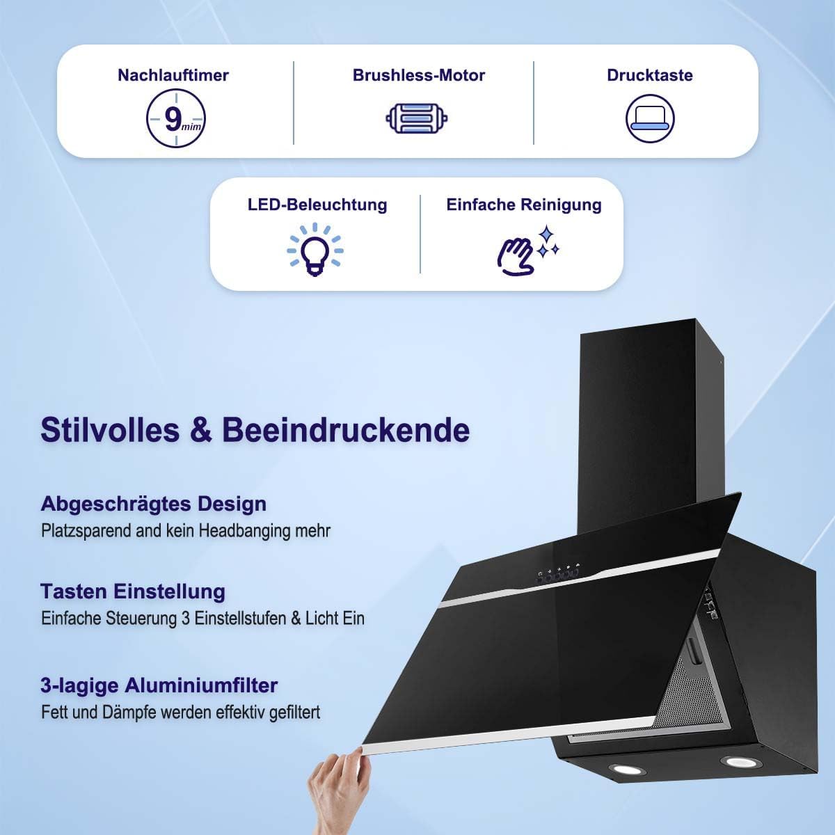 Sndoas Cappa Aspirante Inclinata 350 m³/h, Nera - immagine 3