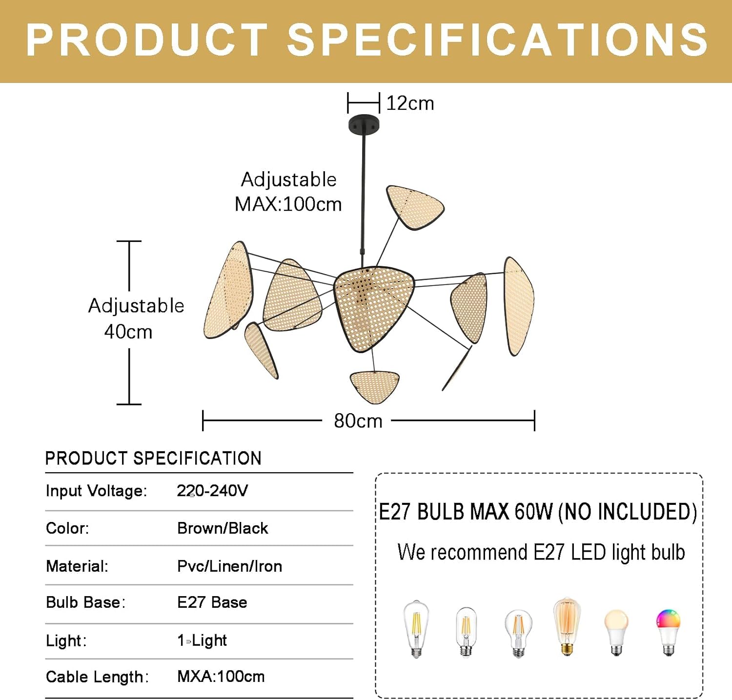 Lampadario Boho Vintage E27 80cm, Tessuto a Mano - immagine 2