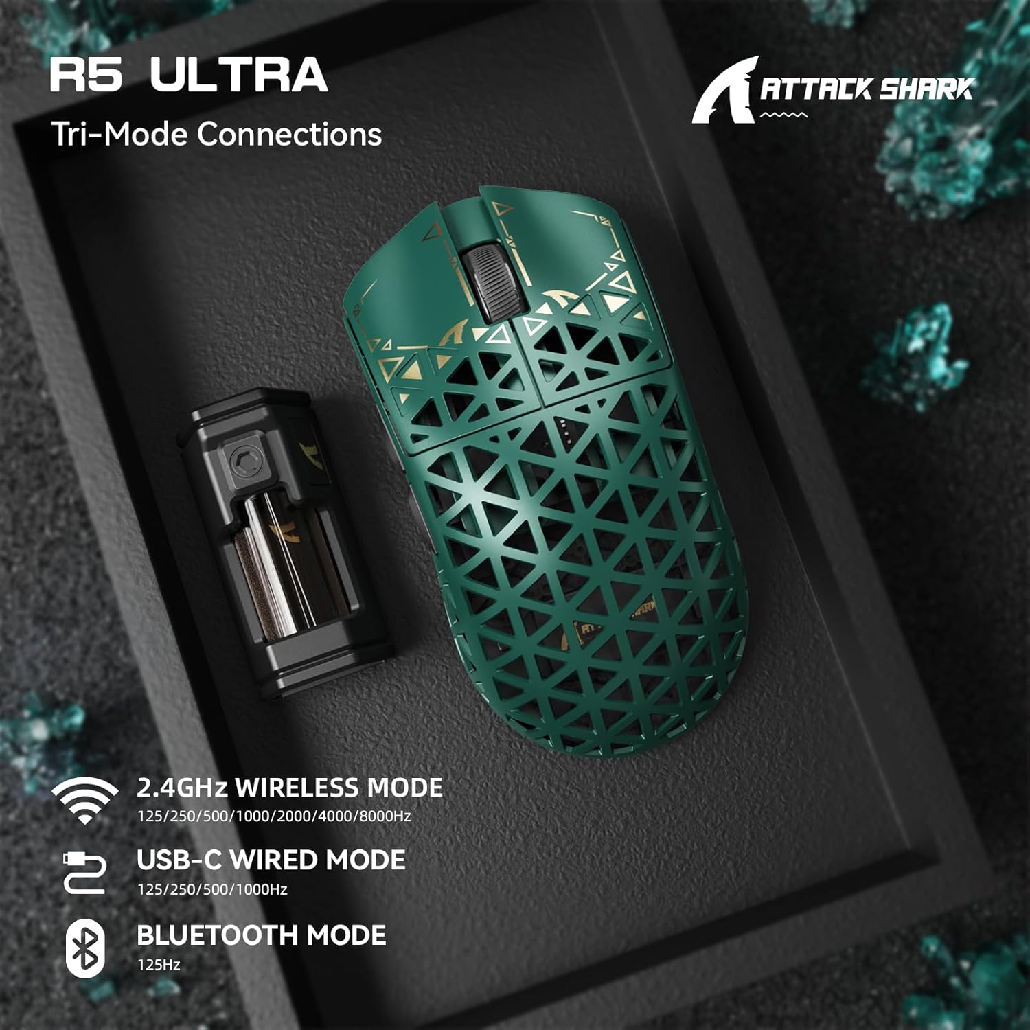 ATTACK SHARK R5 Mouse Gaming Wireless HyperSpeed 39g, Verde - immagine 2